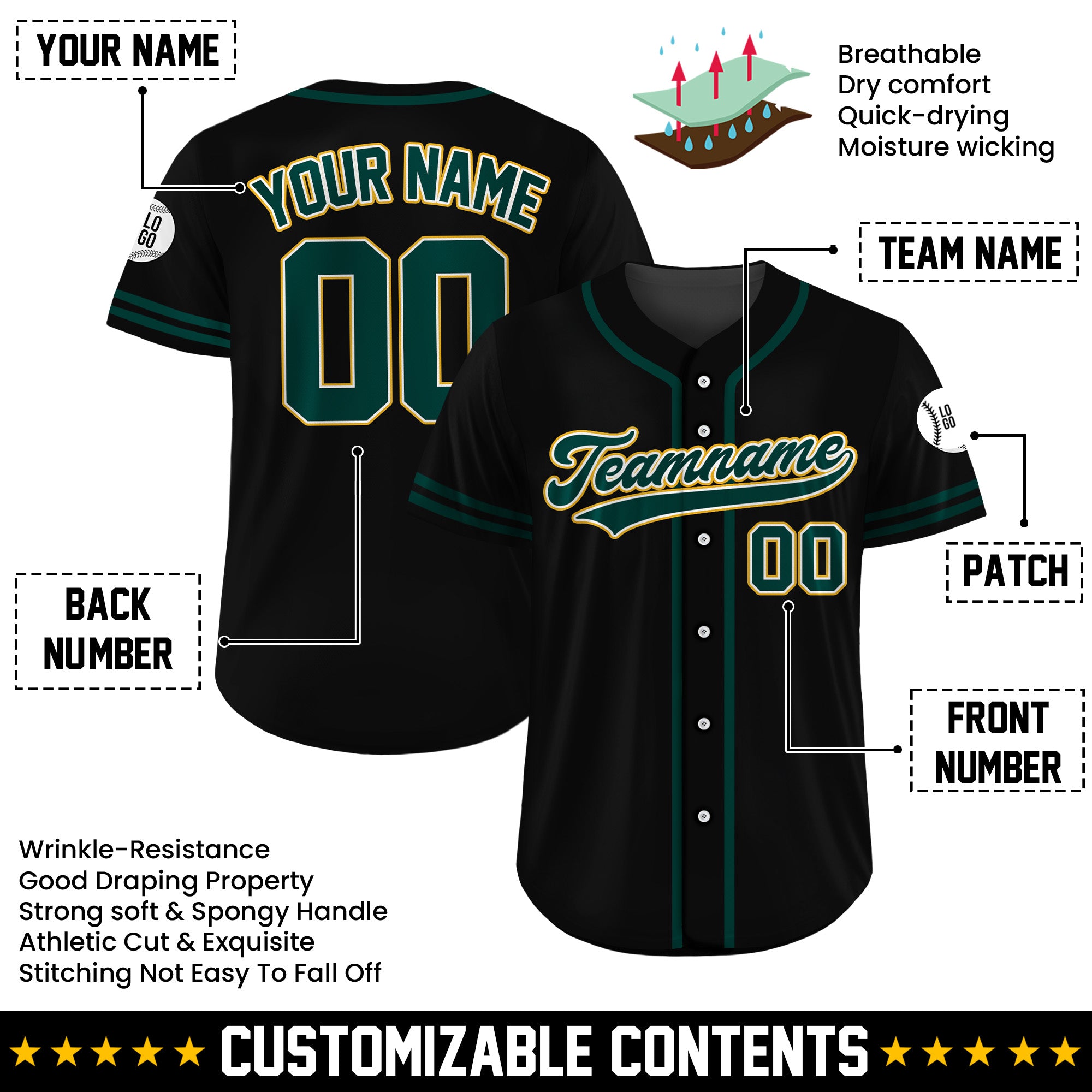 Custom Forest Gold Black Baseball Jersey