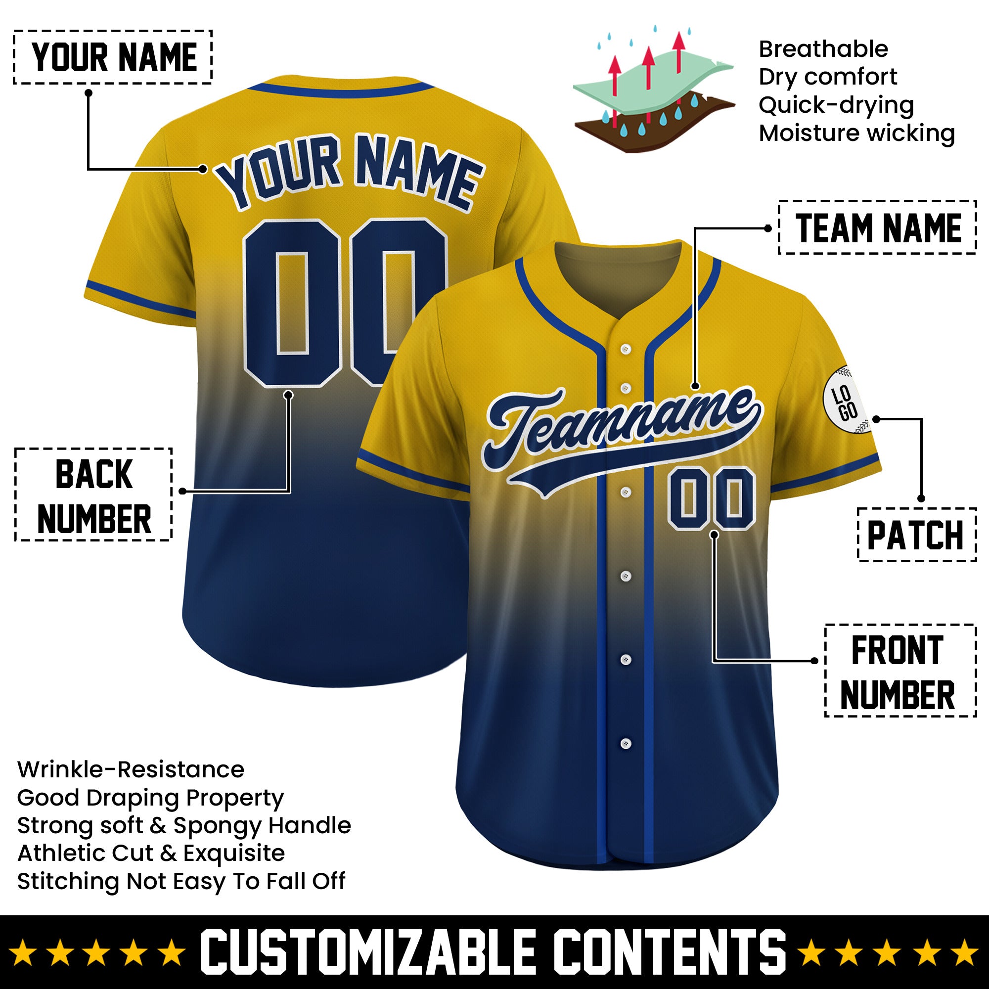 Custom Golden Navy Gradient Baseball Jersey
