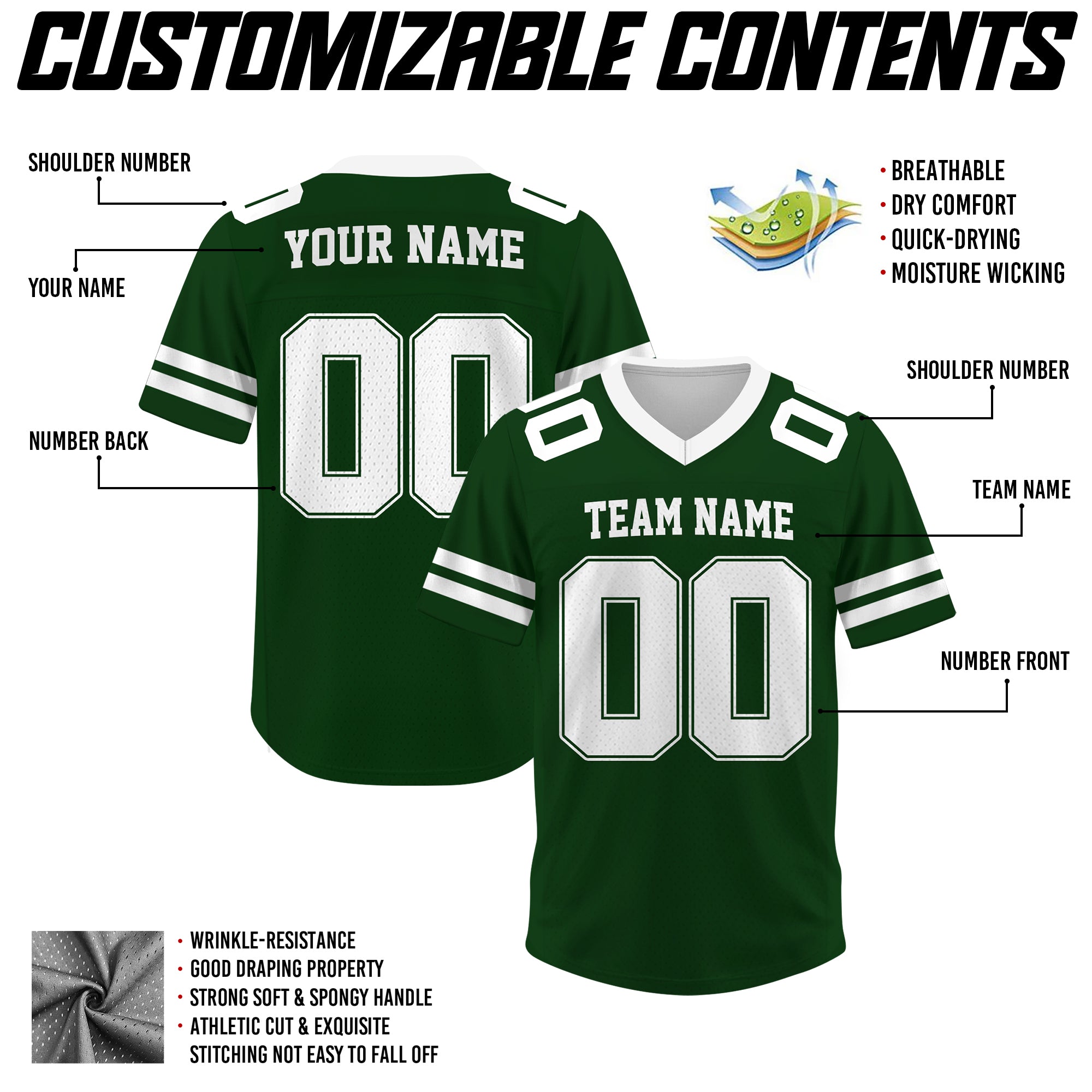 Custom Green Football Jersey, Personalized Name Number Logo Football Jersey for Men Women