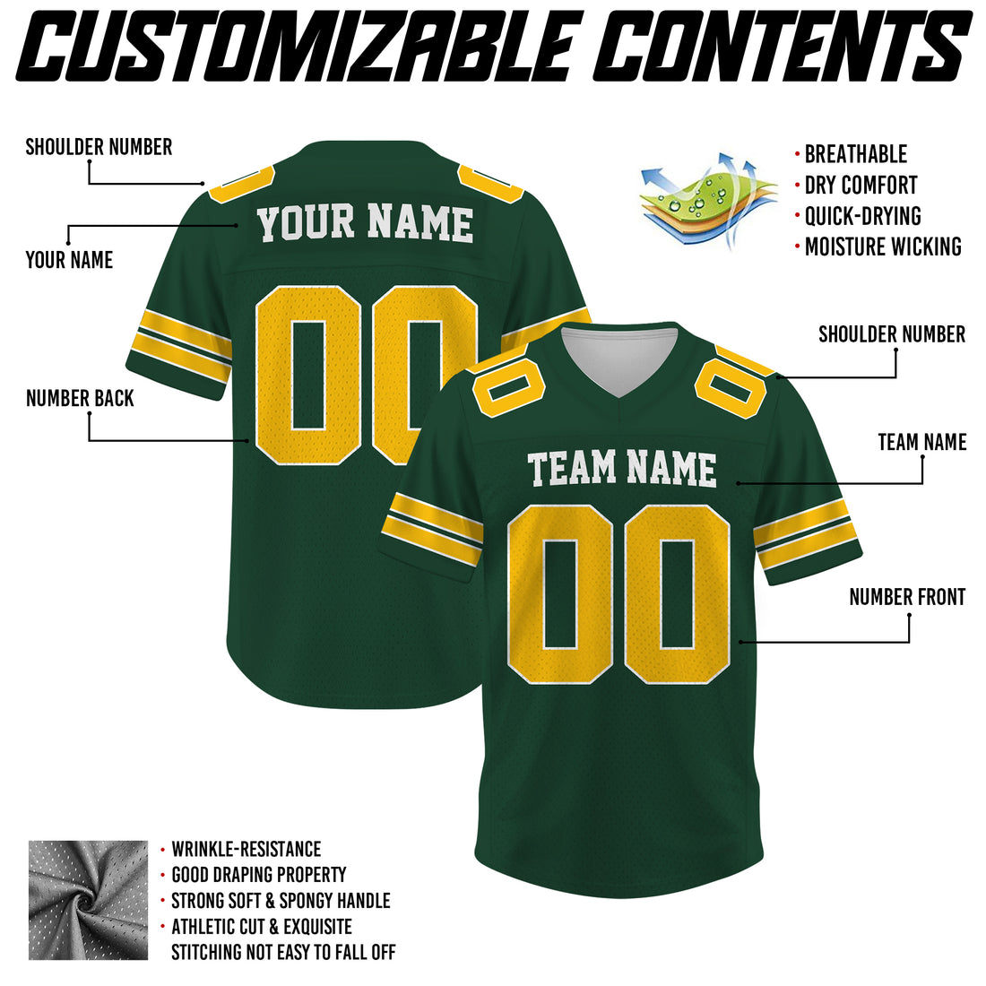 Custom Green Gold Football Jersey, Personalized Concert Outfit Football Fan Tee
