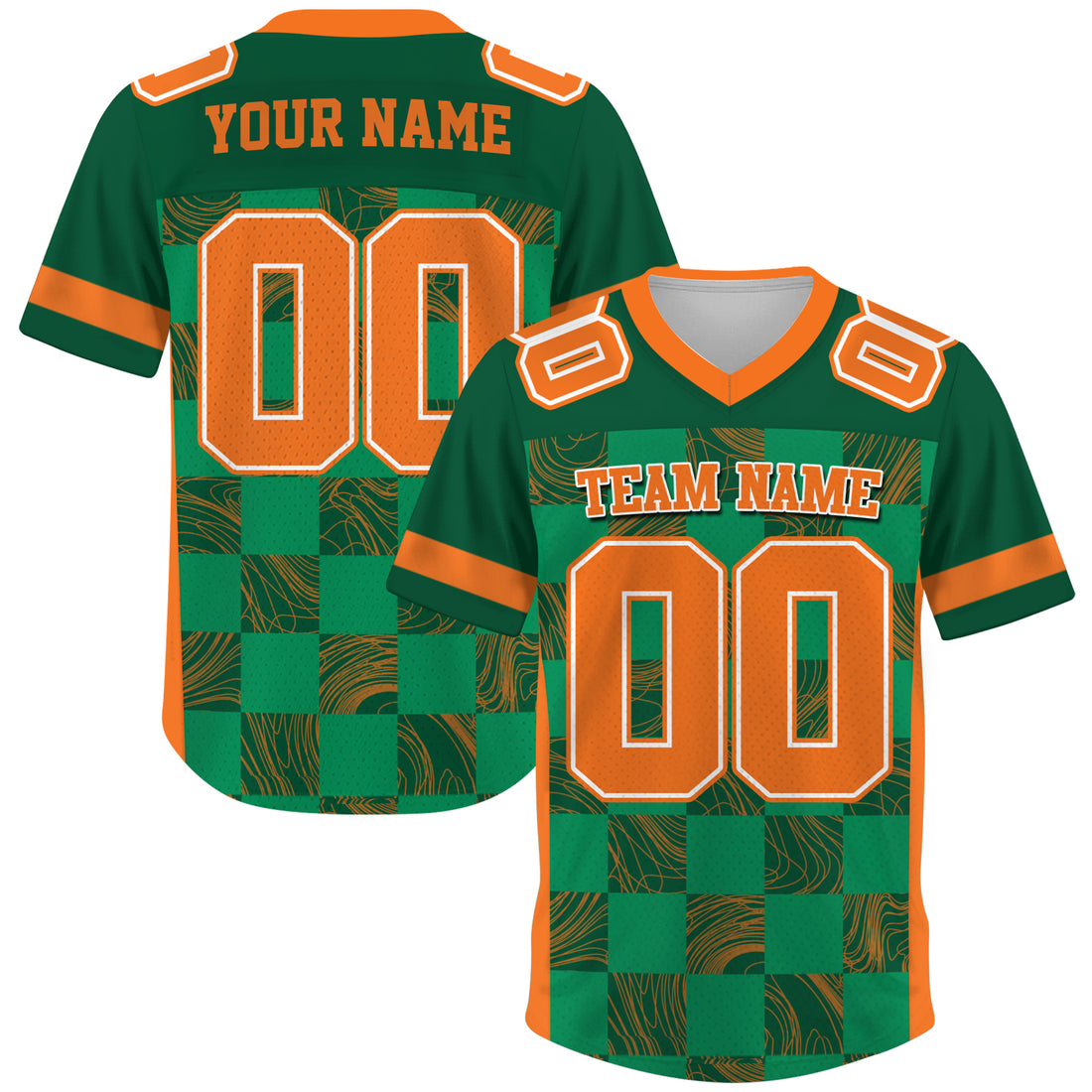 Custom Green Orange Chess Pattern Football Jersey, Personalized Football Jerseys For Men & Women