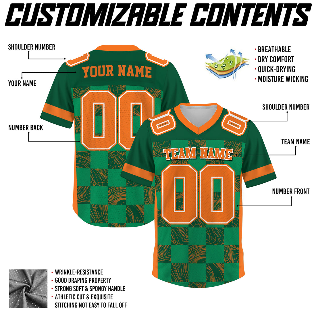 Custom Green Orange Chess Pattern Football Jersey, Personalized Football Jerseys For Men & Women