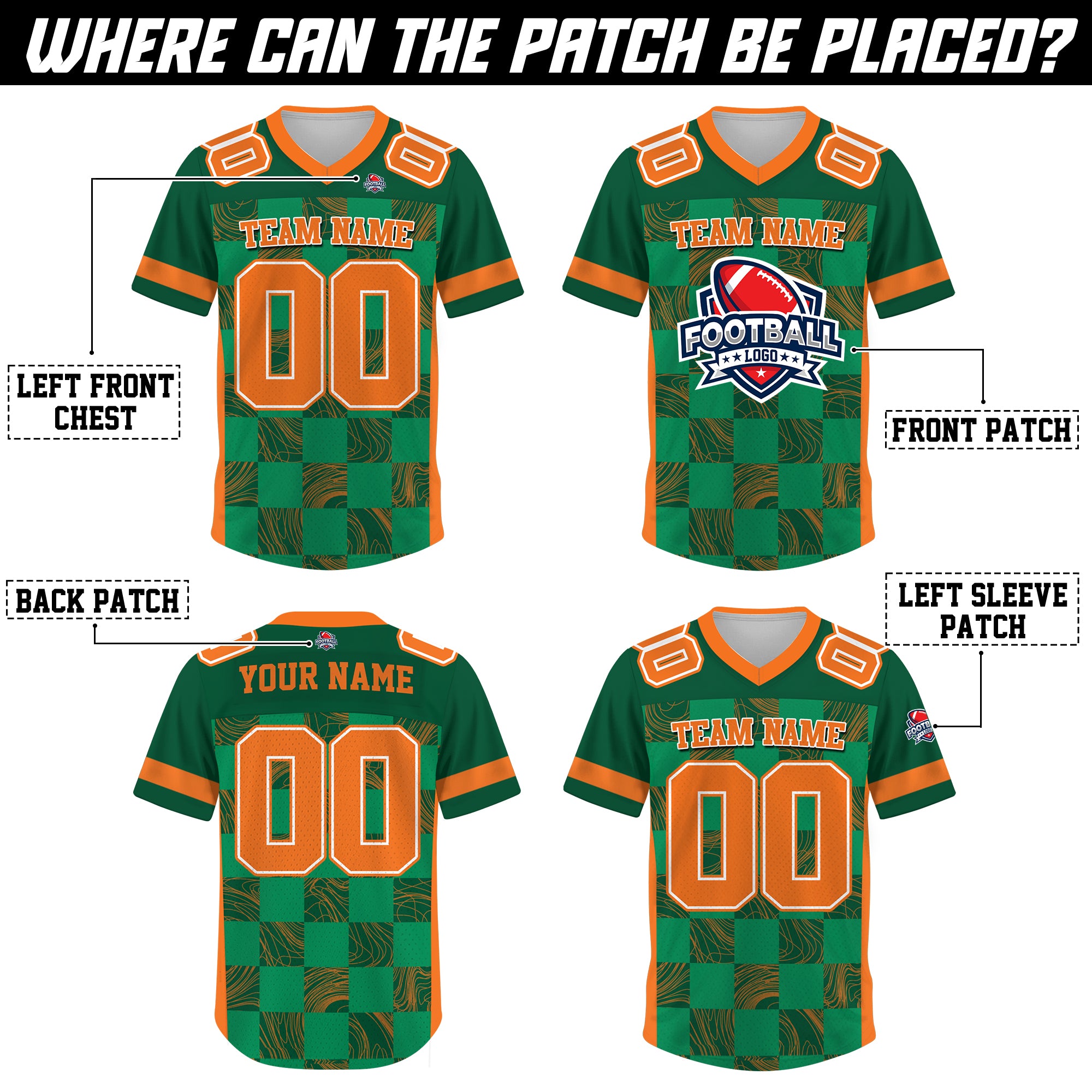 Custom Green Orange Chess Pattern Football Jersey, Personalized Football Jerseys For Men & Women
