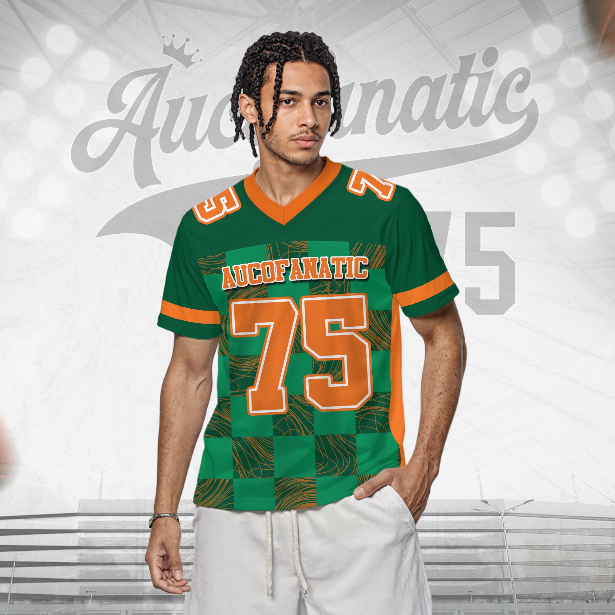 Custom Green Orange Chess Pattern Football Jersey, Personalized Football Jerseys For Men & Women