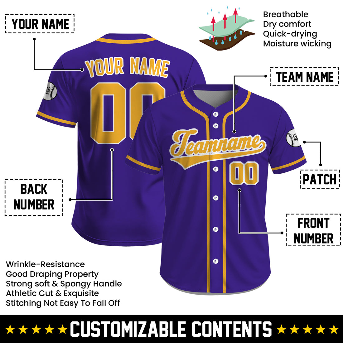 Custom Hip Hop Style Purple Baseball Jersey, Personalized Name Number Baseball Uniform for Men Women Youth