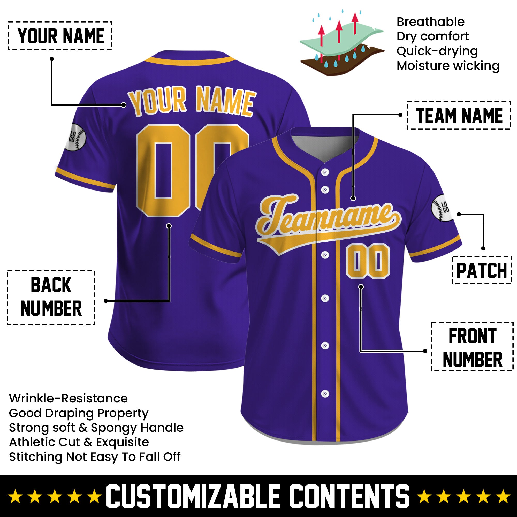 Custom Hip Hop Style Purple Baseball Jersey, Personalized Name Number Baseball Uniform for Men Women Youth