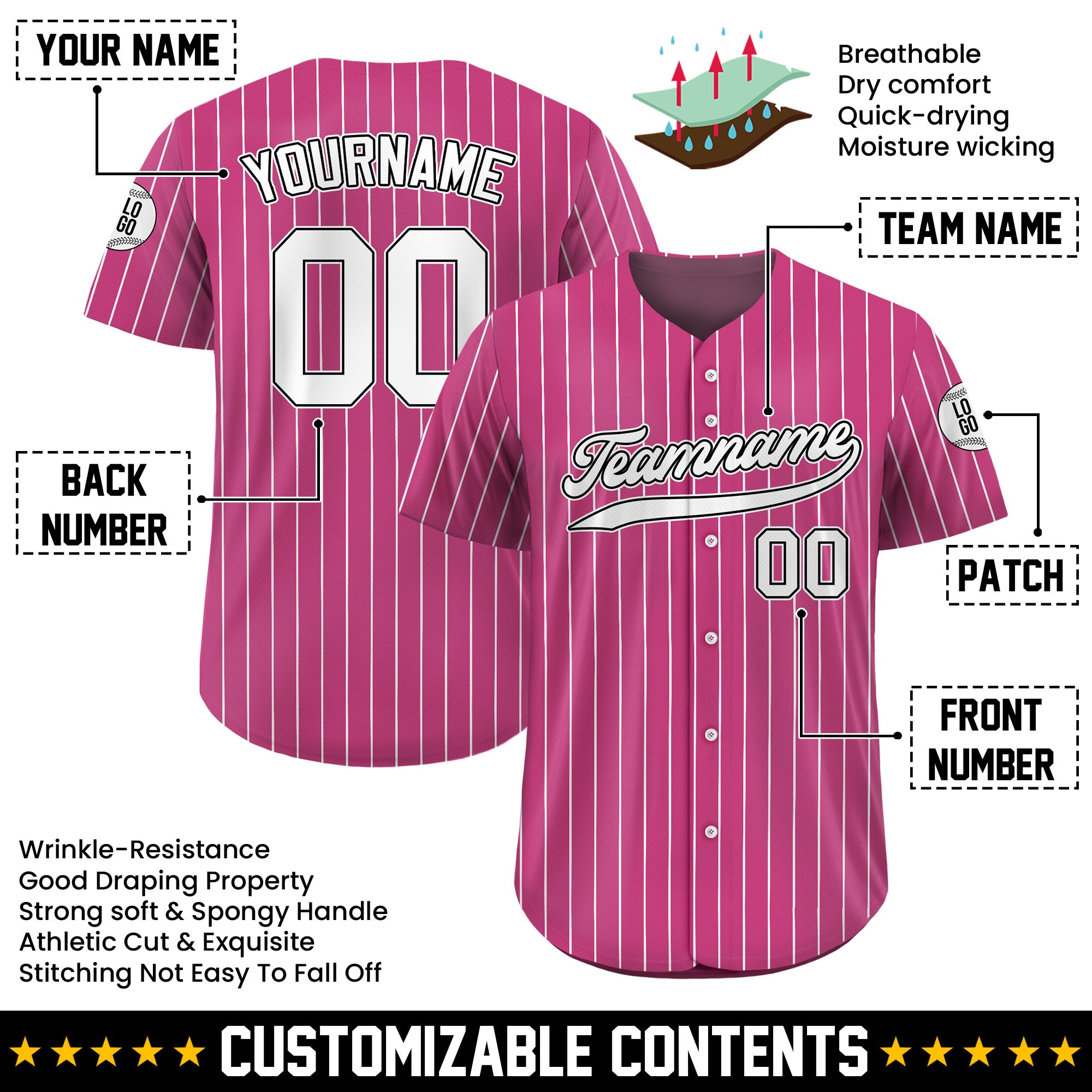Custom Hot Pink White Pinstripe Baseball Jersey, Custom Team Name Number Baseball Jersey