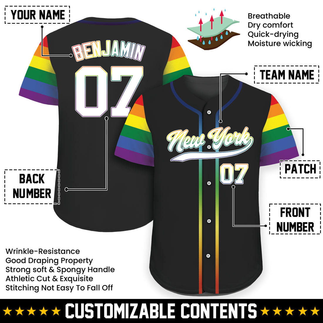 Custom LGBTQ+ Black Pride Rainbow Baseball Shirt
