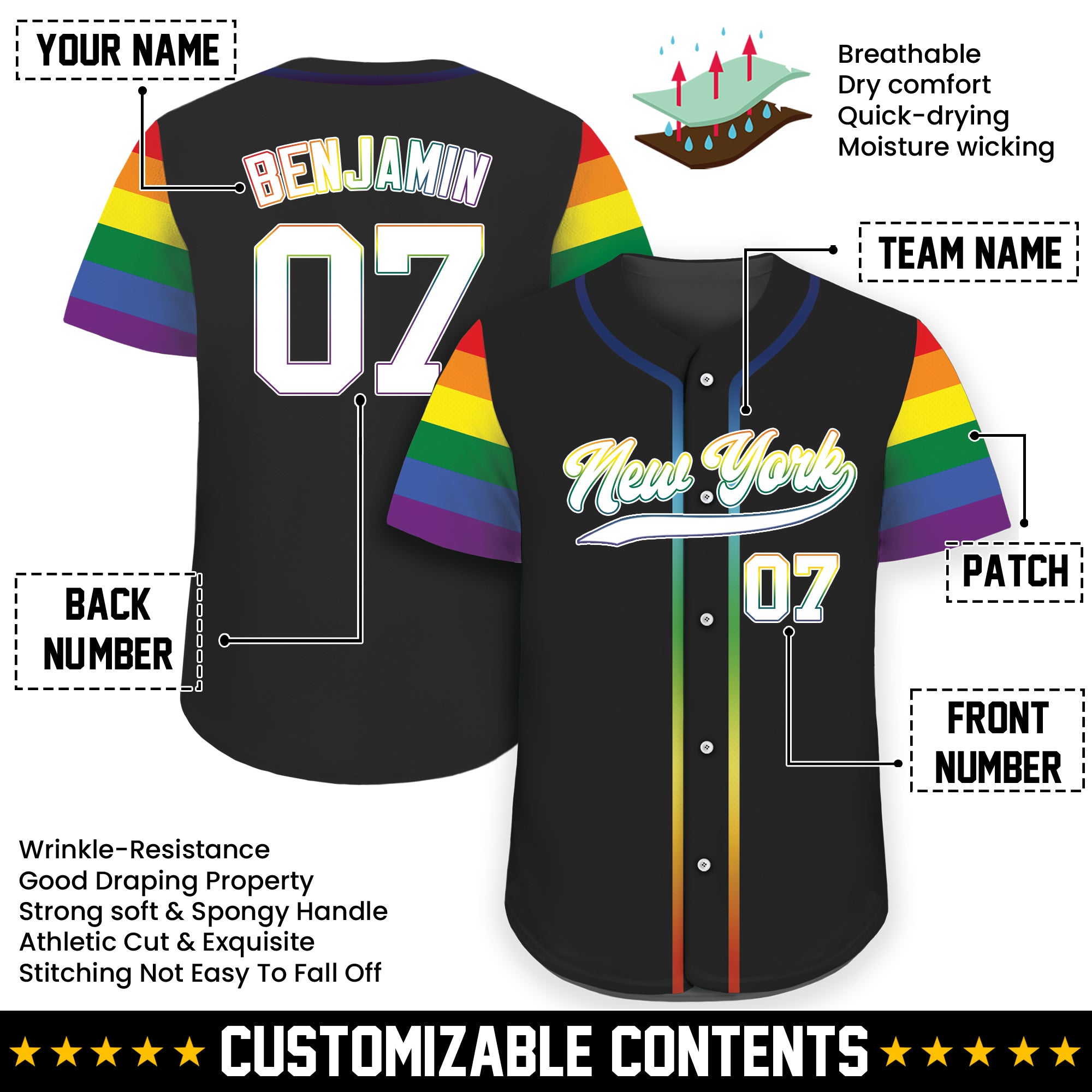 Custom LGBTQ+ Black Pride Rainbow Baseball Shirt