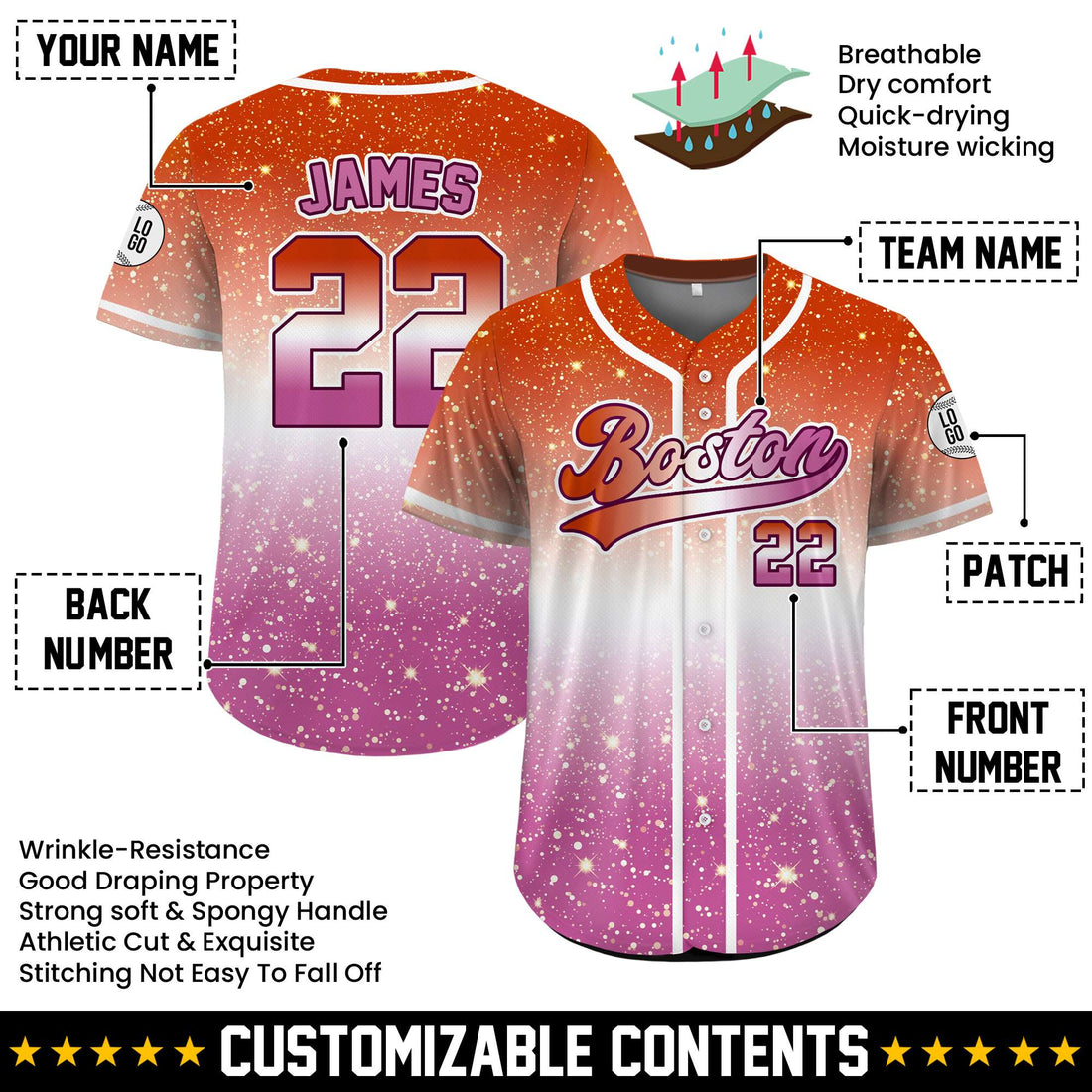 Custom Lesbian Sparkle Pride Baseball Jersey
