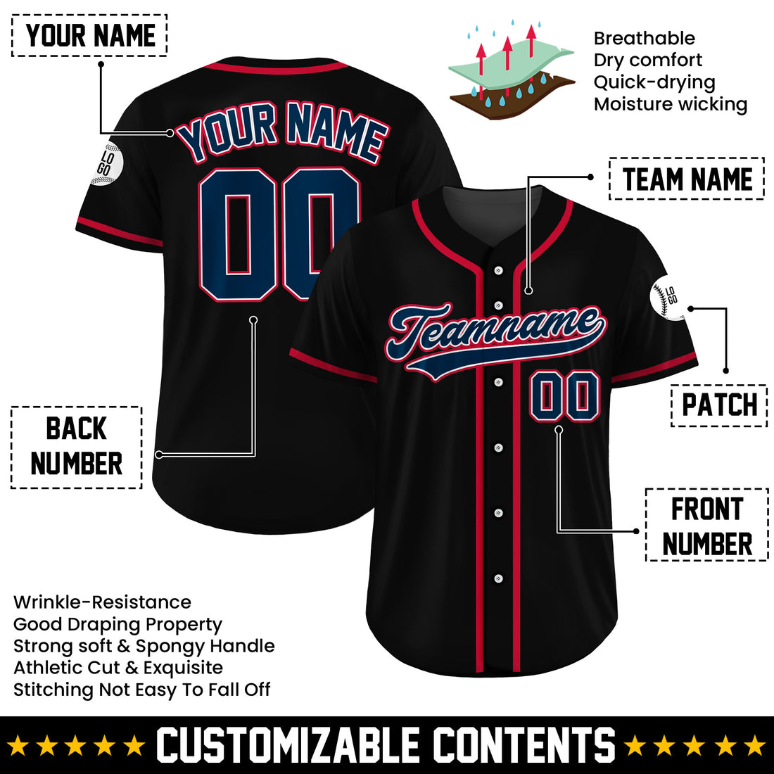 Custom Liberty Strike Black Baseball Jersey