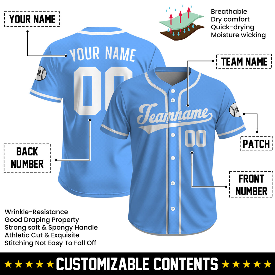 Custom Light Blue Baseball Jersey,Personalized Name Number Baseball Shirt for Men Women Youth