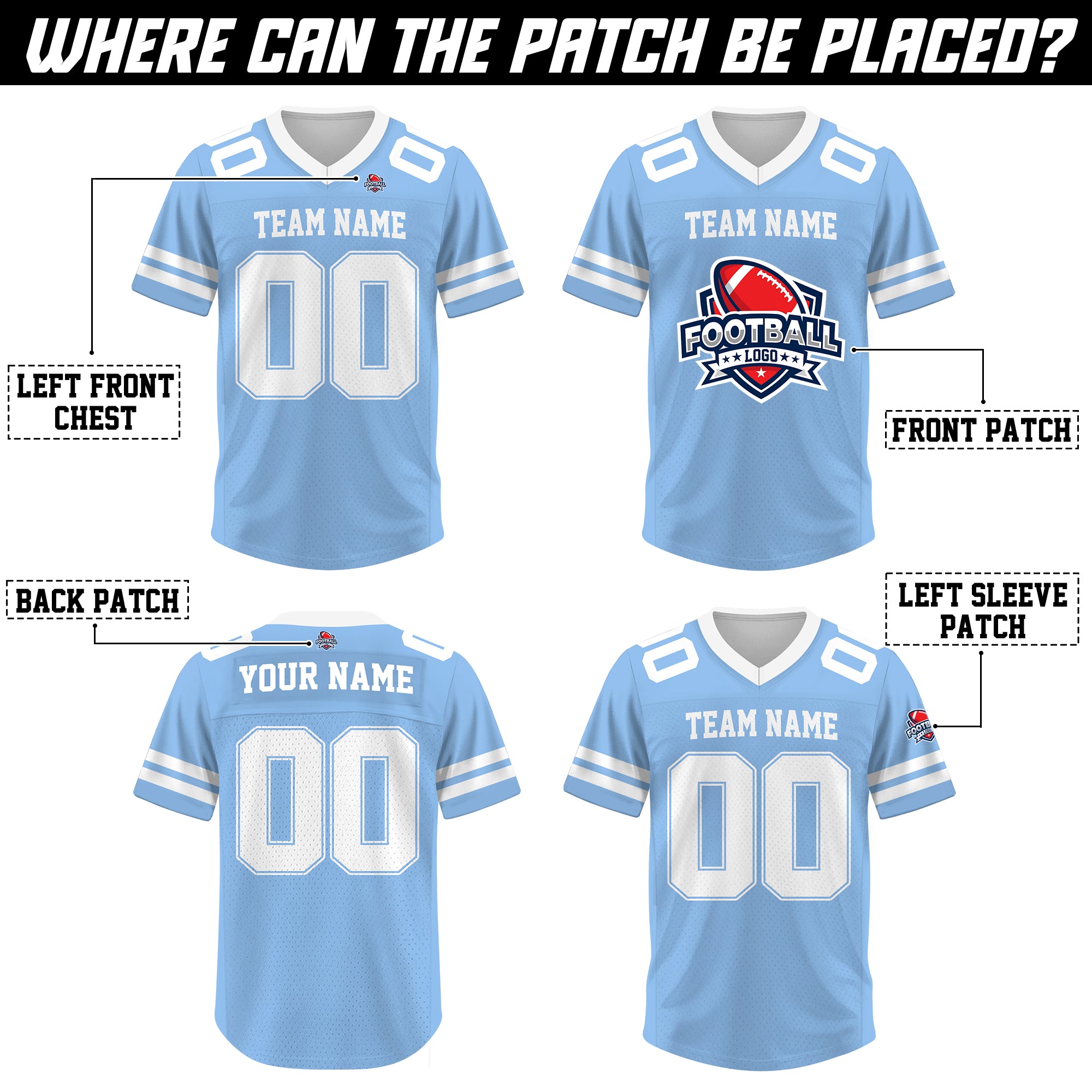 Custom Light Blue White Football Jersey, Personalized Football Apparel