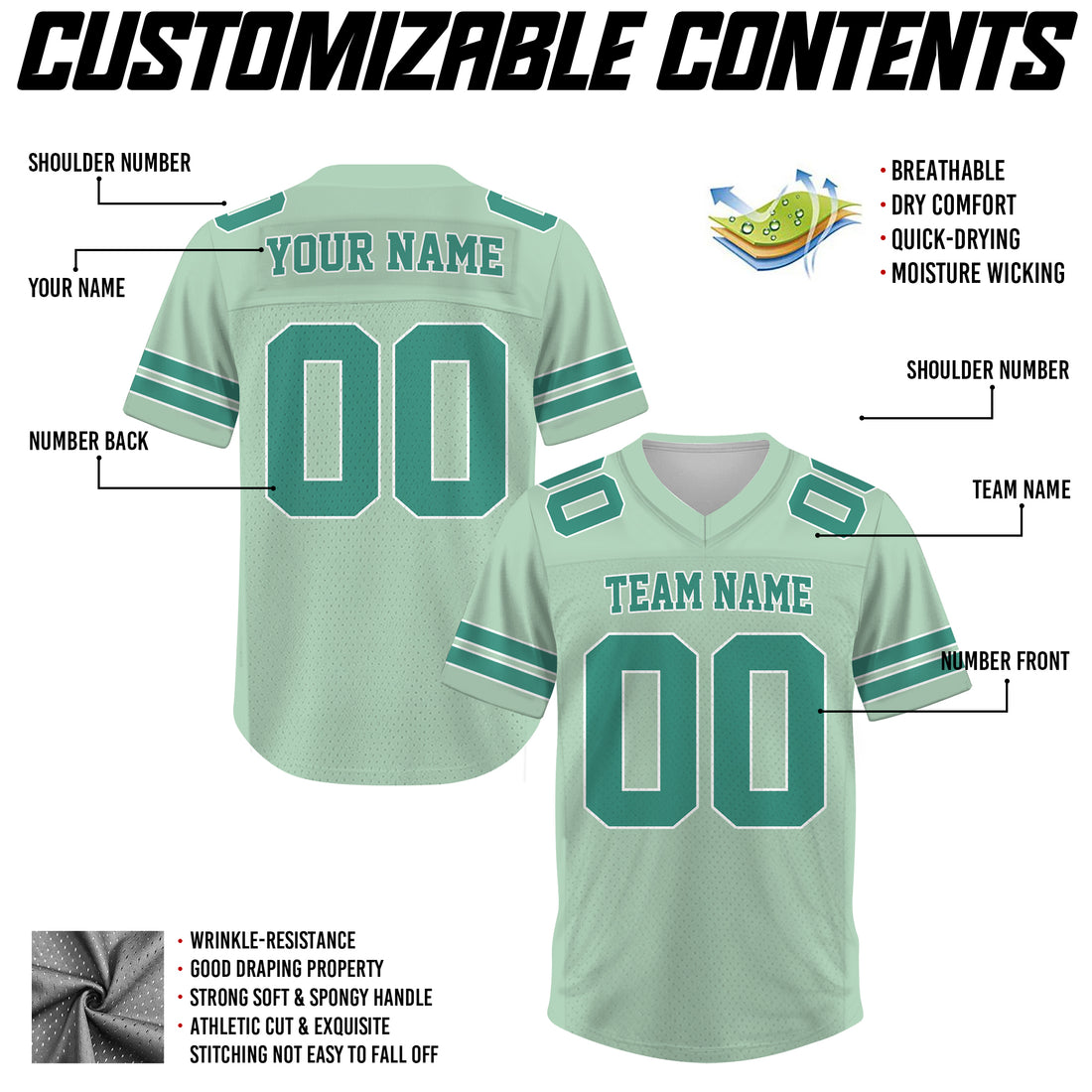 Custom Mint Green Football Jersey, Personalized Name Number  Logo Football Jerseys for Men Women Youth