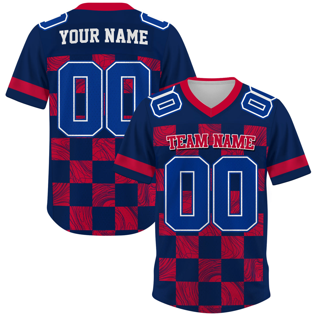 Custom Navy Red Chess Pattern Football Jersey, Custom Football Jersey For Men Women Youth Kid