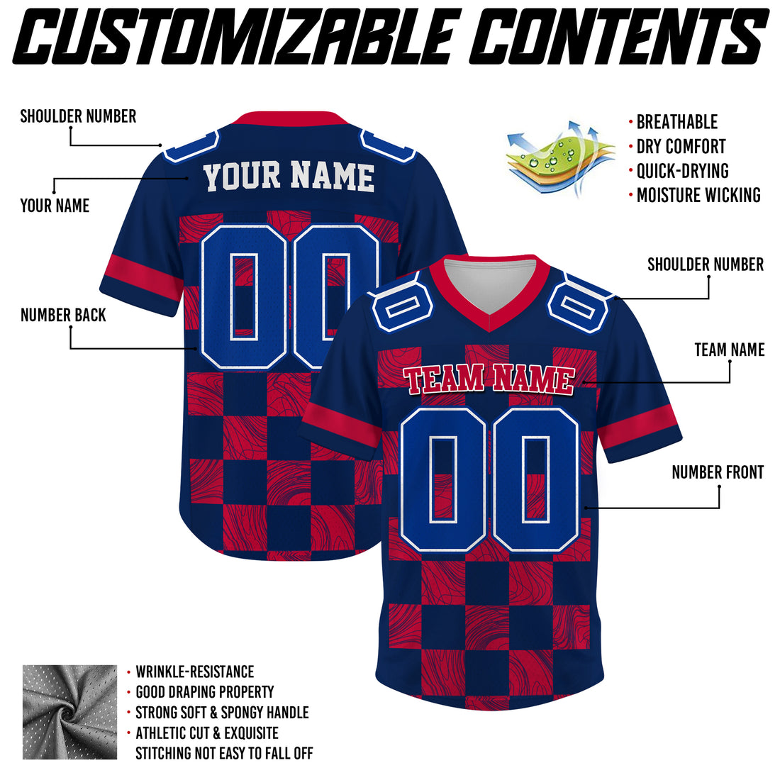 Custom Navy Red Chess Pattern Football Jersey, Custom Football Jersey For Men Women Youth Kid