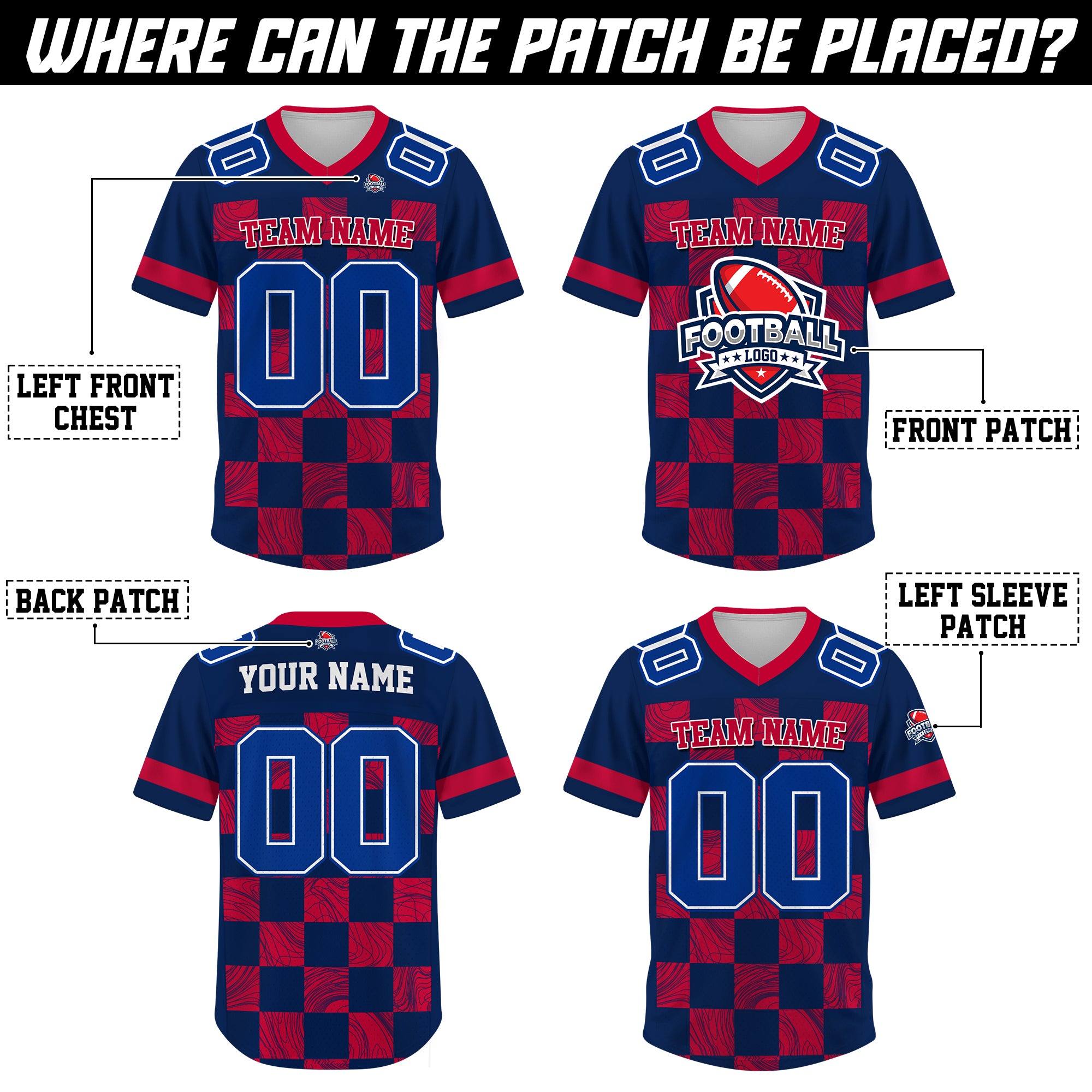 Custom Navy Red Chess Pattern Football Jersey, Custom Football Jersey For Men Women Youth Kid