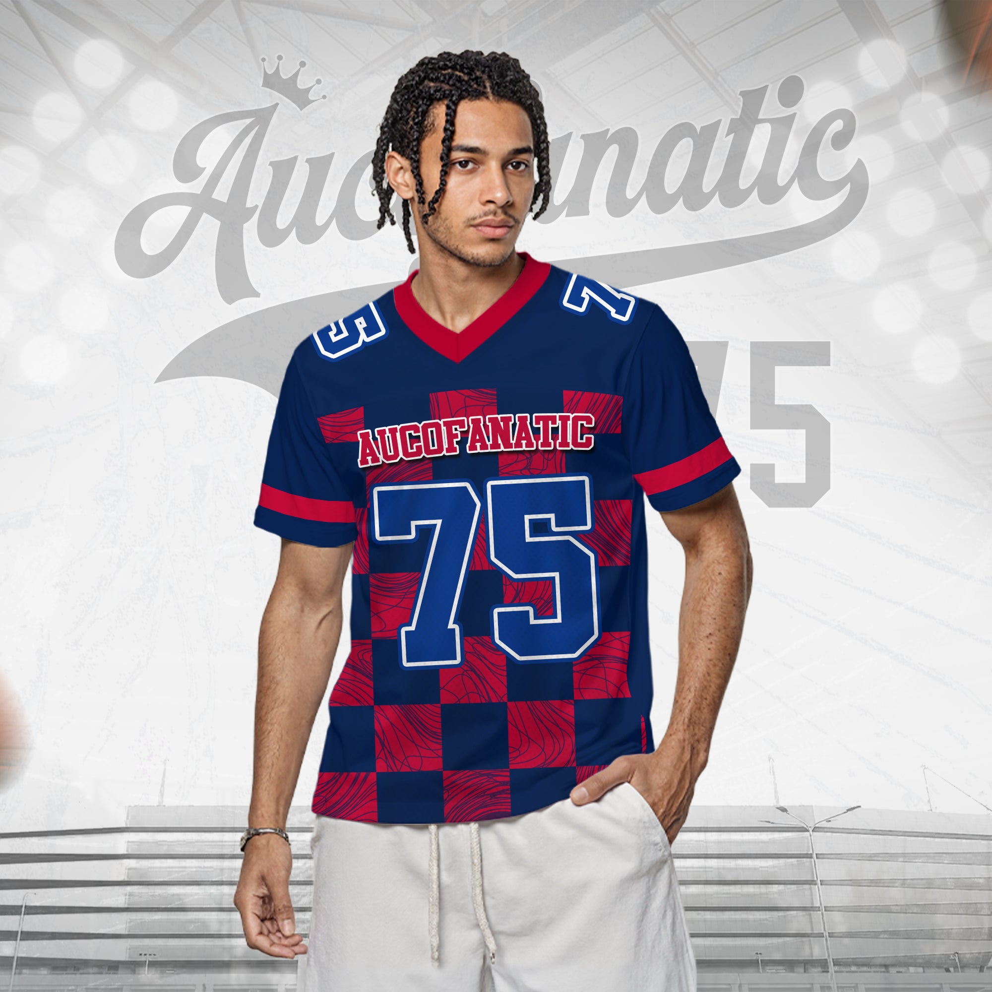 Custom Navy Red Chess Pattern Football Jersey, Custom Football Jersey For Men Women Youth Kid