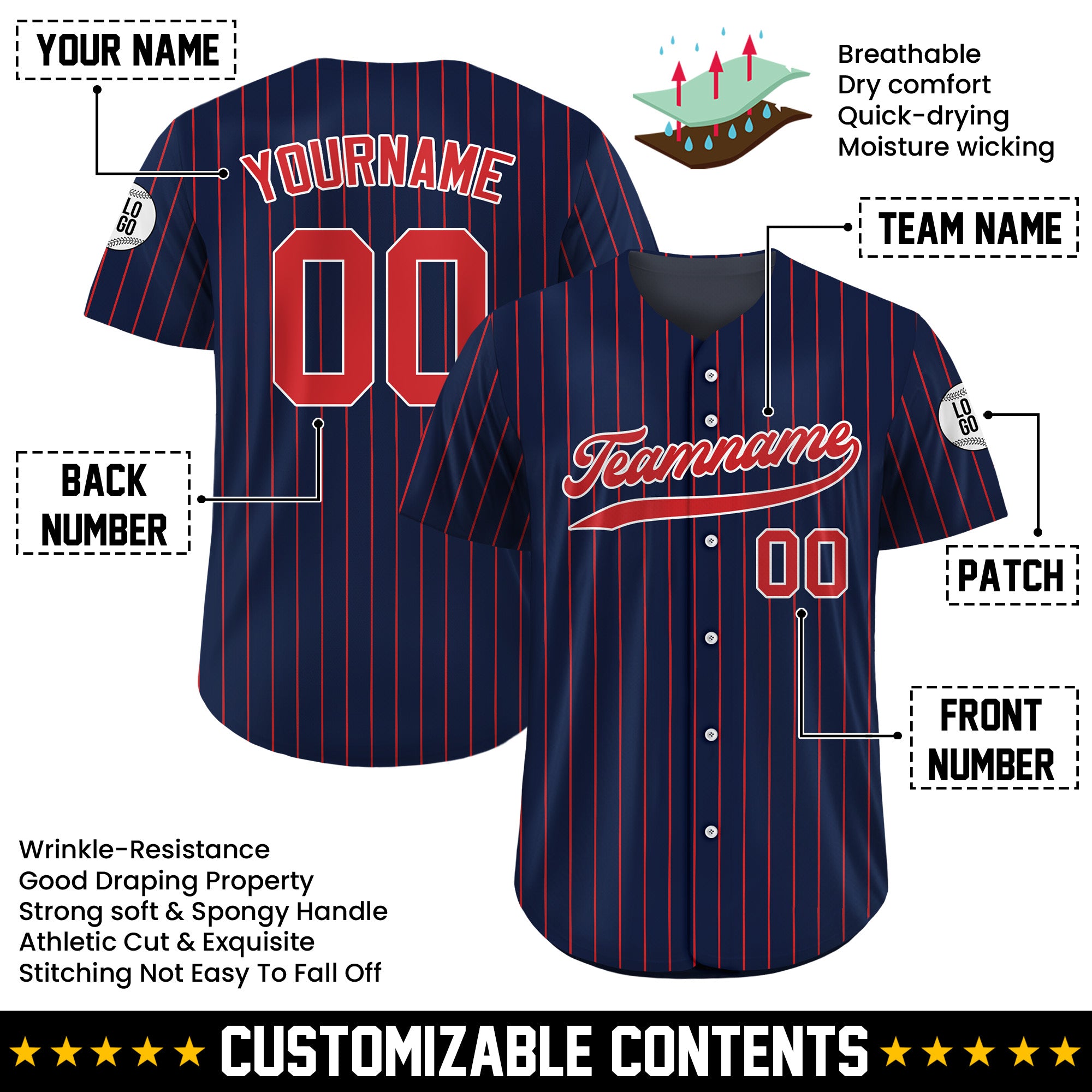 Custom Navy Red Striped Baseball Jersey, Personalized Baseball Jersey For Adult Kid