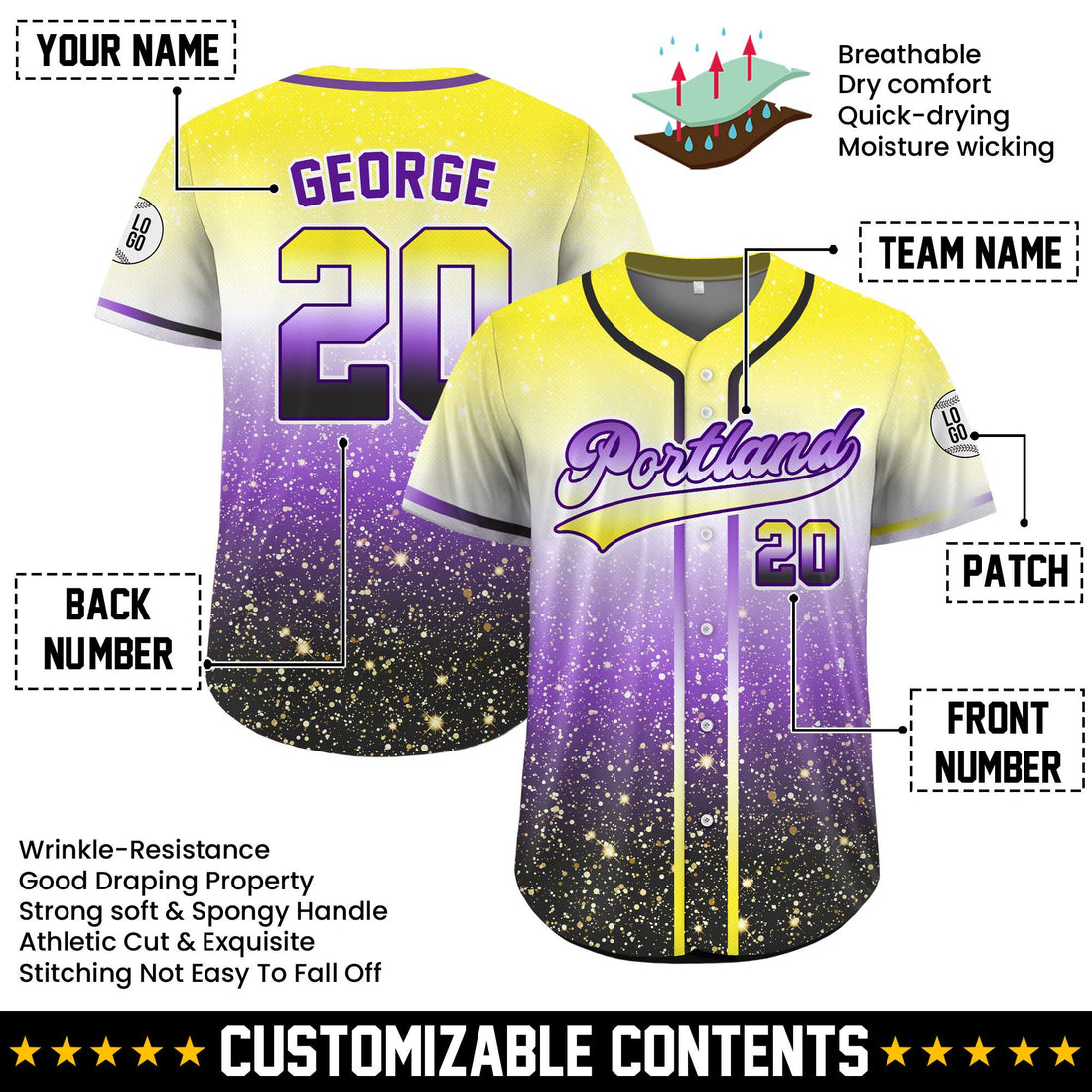 Custom Nonbinary Sparkle Pride Baseball Jersey