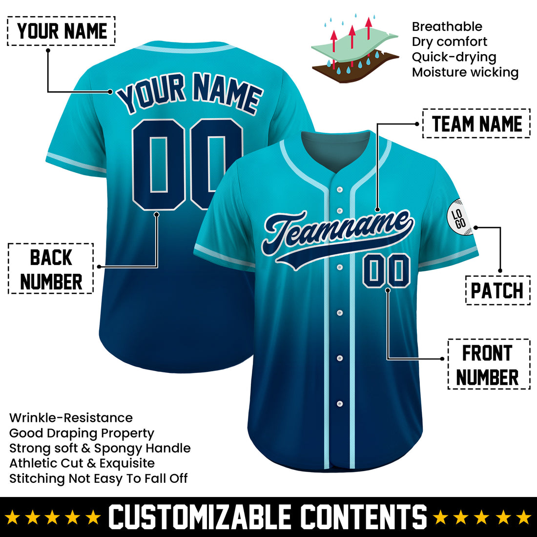 Custom Ocean Wave Fade Gradient Baseball Jersey