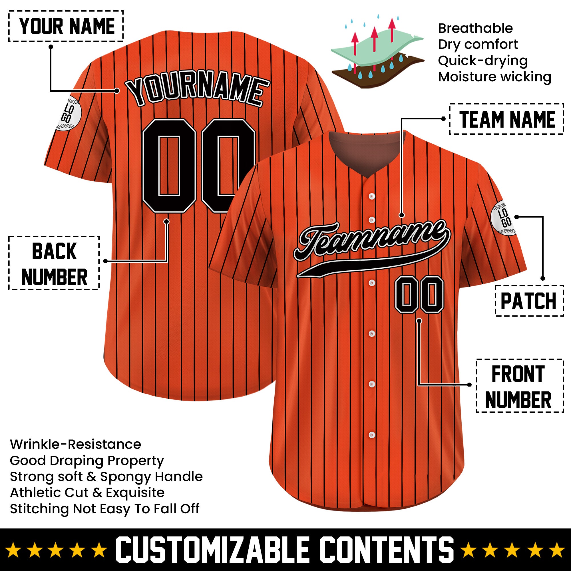 Custom Orange Black Striped Baseball Jersey, Uniform For Baseball Lovers