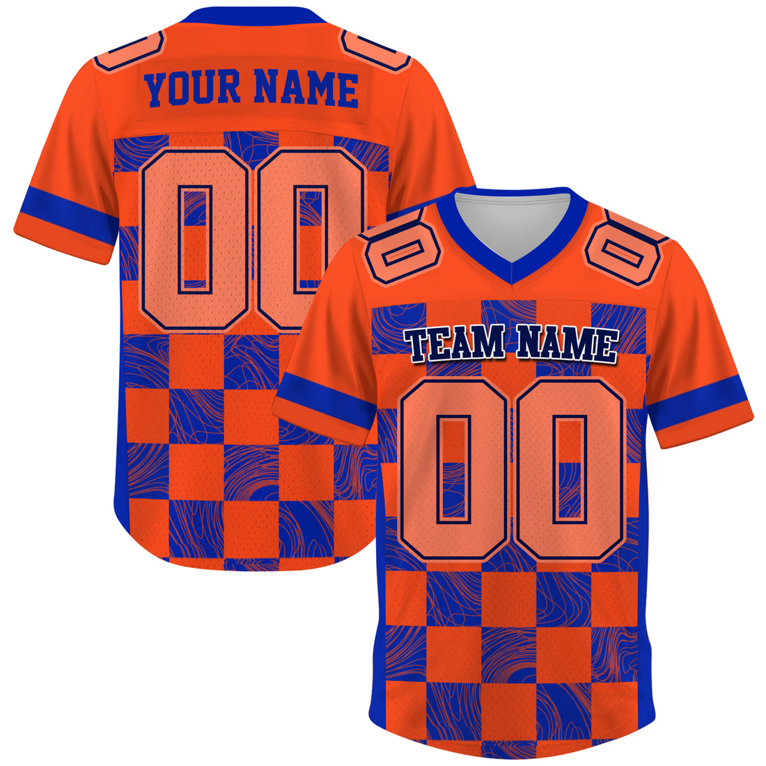 Custom Orange Blue Chess Pattern Football Jersey, Football Jerseys For Men & Women