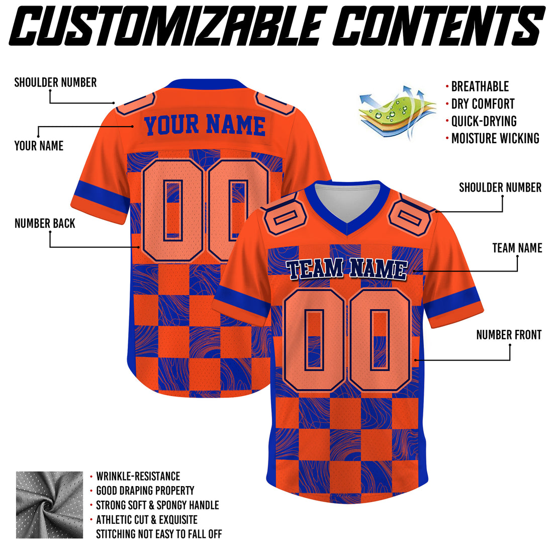 Custom Orange Blue Chess Pattern Football Jersey, Football Jerseys For Men & Women