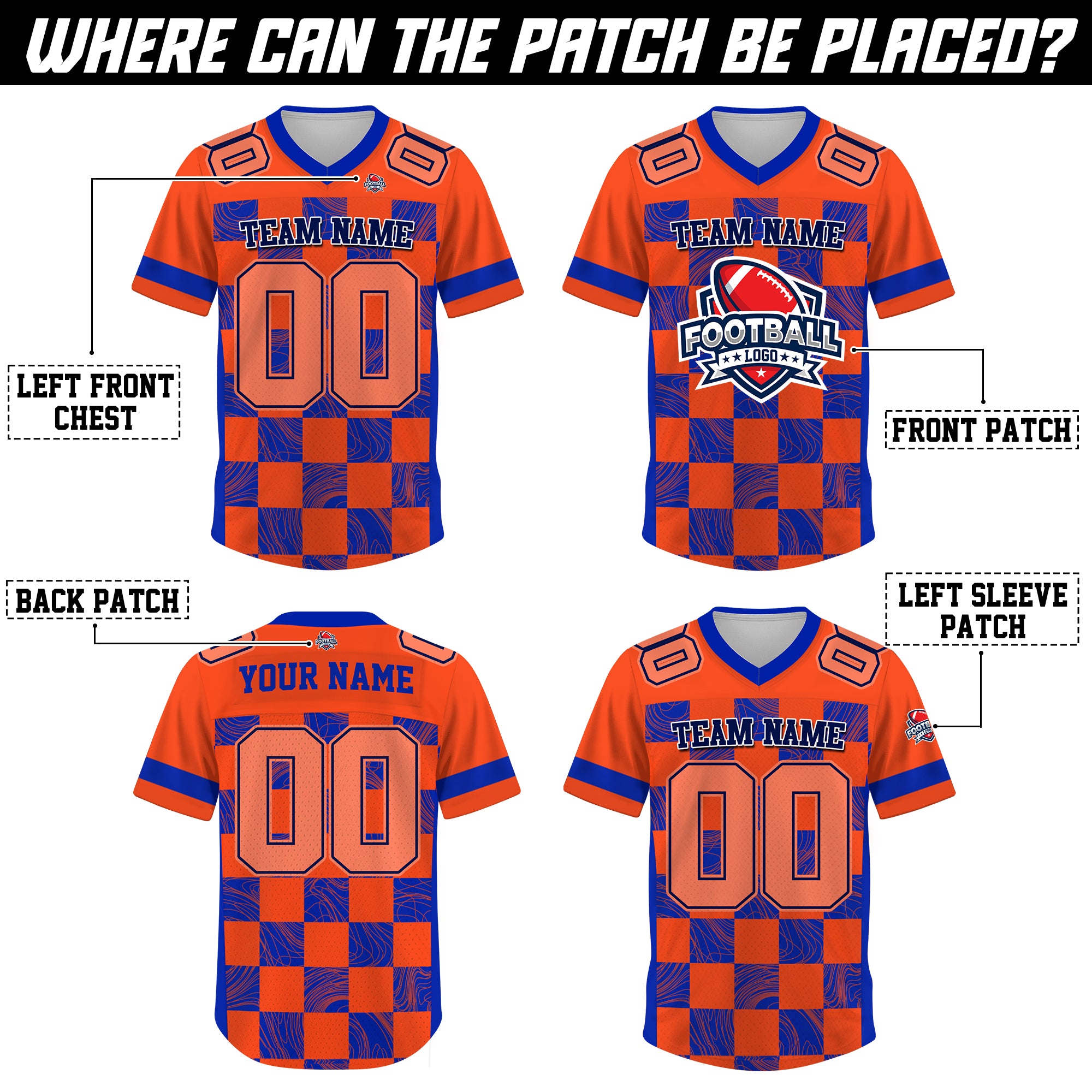 Custom Orange Blue Chess Pattern Football Jersey, Football Jerseys For Men & Women