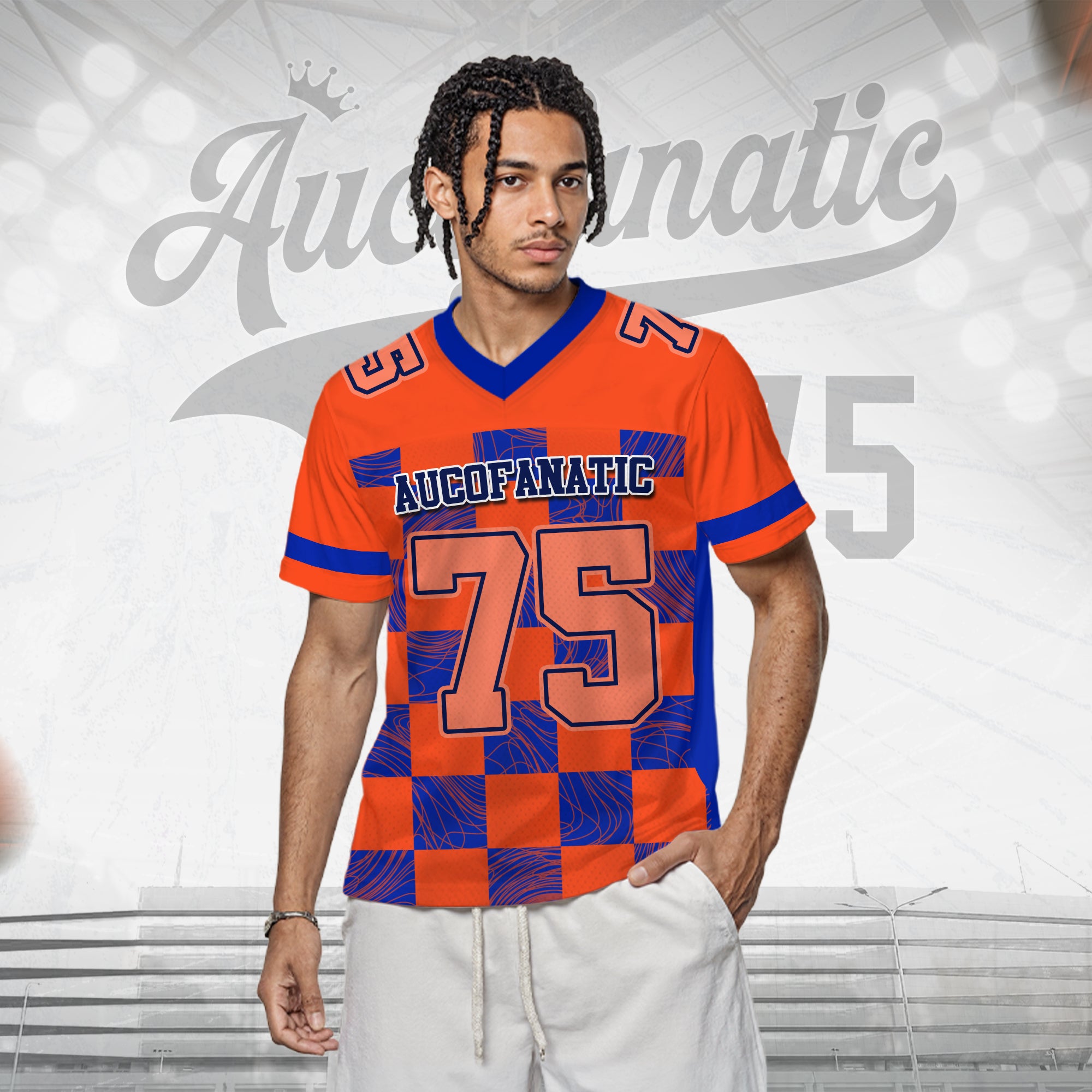 Custom Orange Blue Chess Pattern Football Jersey, Football Jerseys For Men & Women