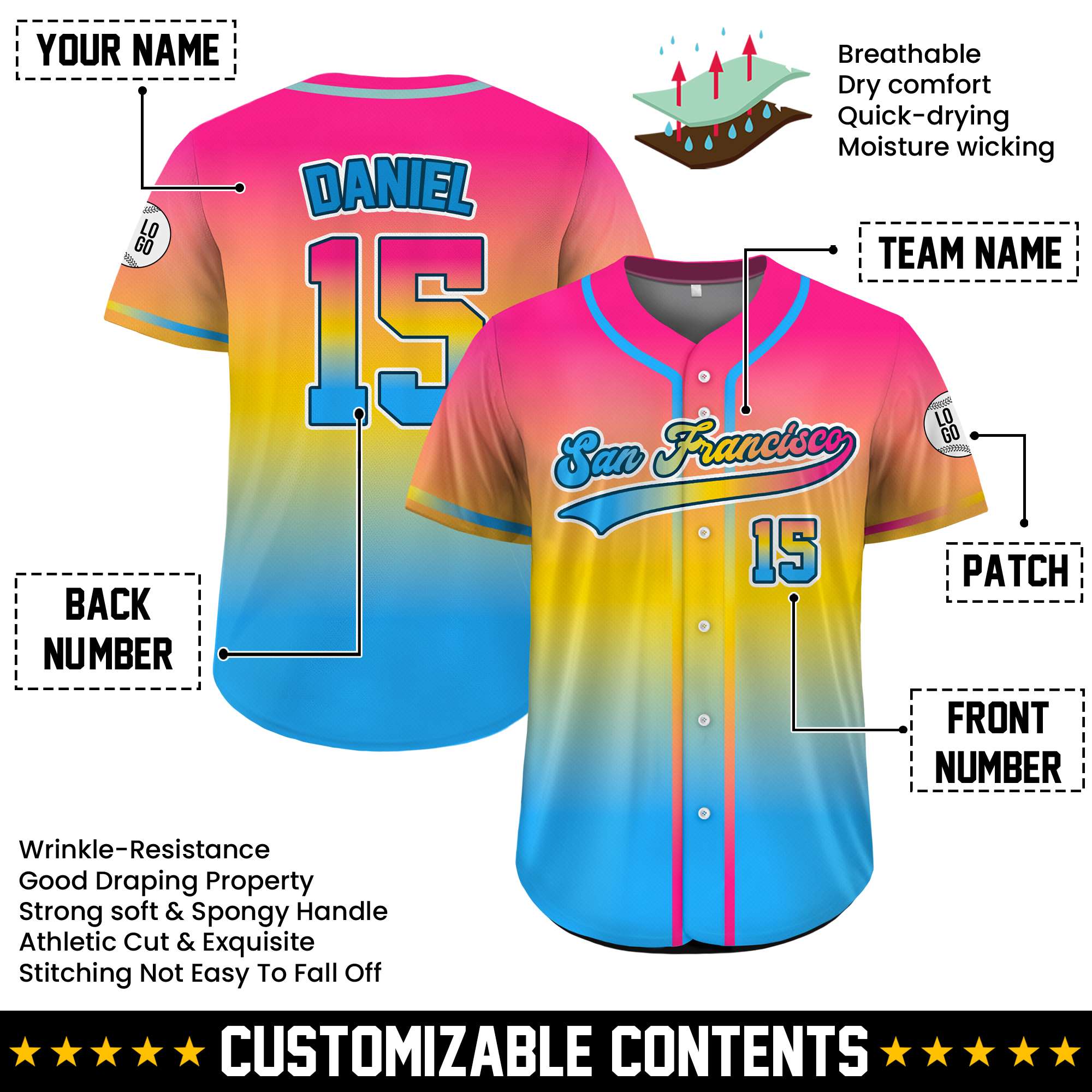 Custom Pan Pride Gradient Baseball Jersey