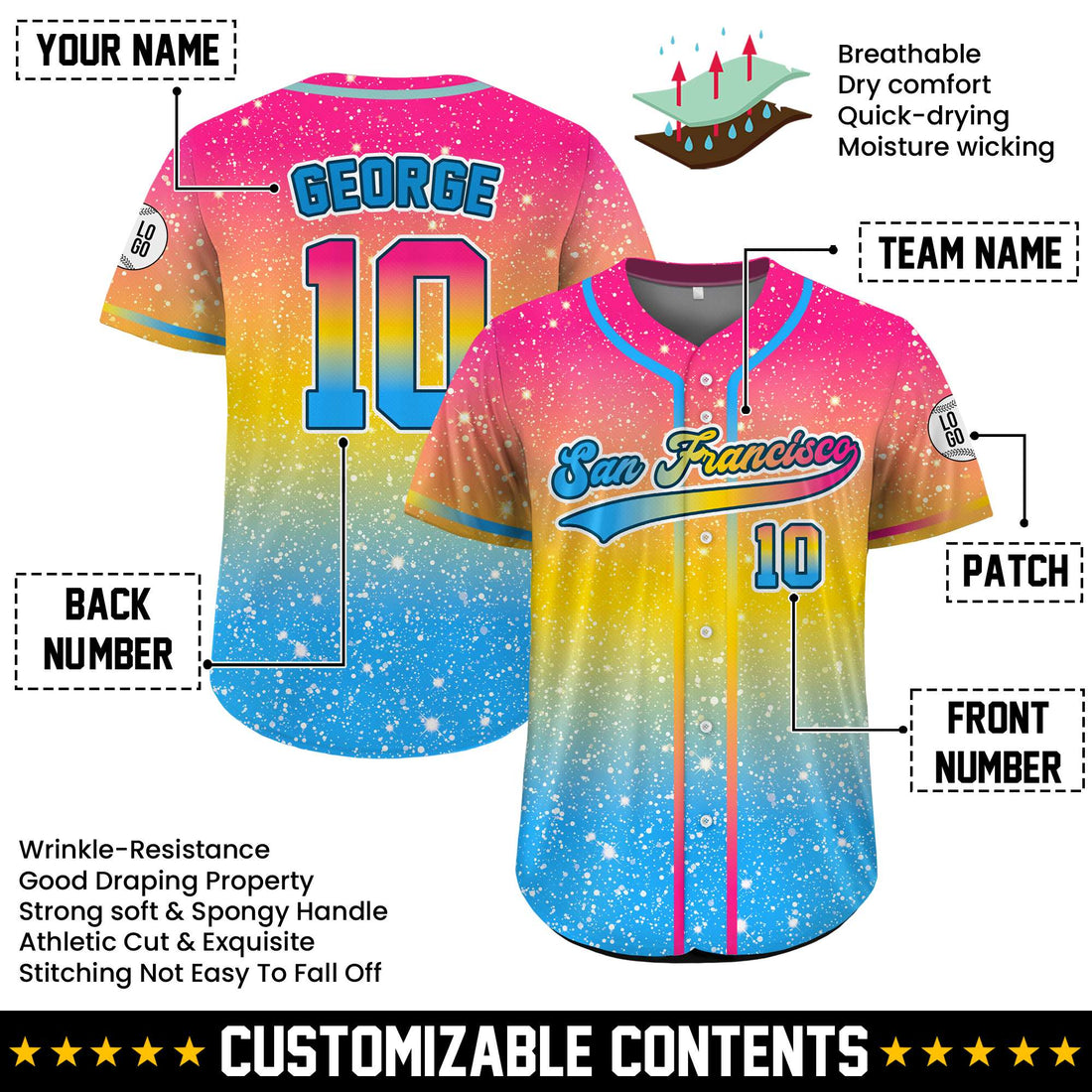 Custom Pan Pride Sparkling Baseball Jersey