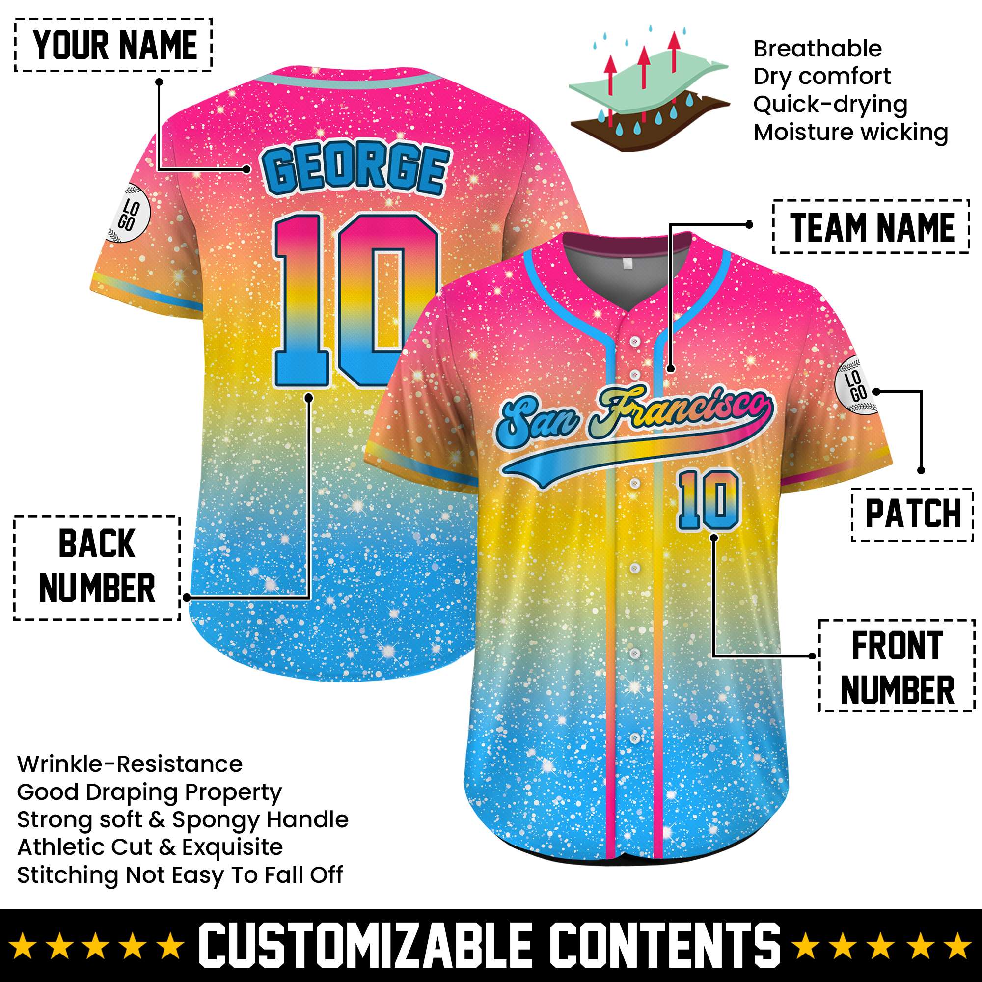 Custom Pan Pride Sparkling Baseball Jersey