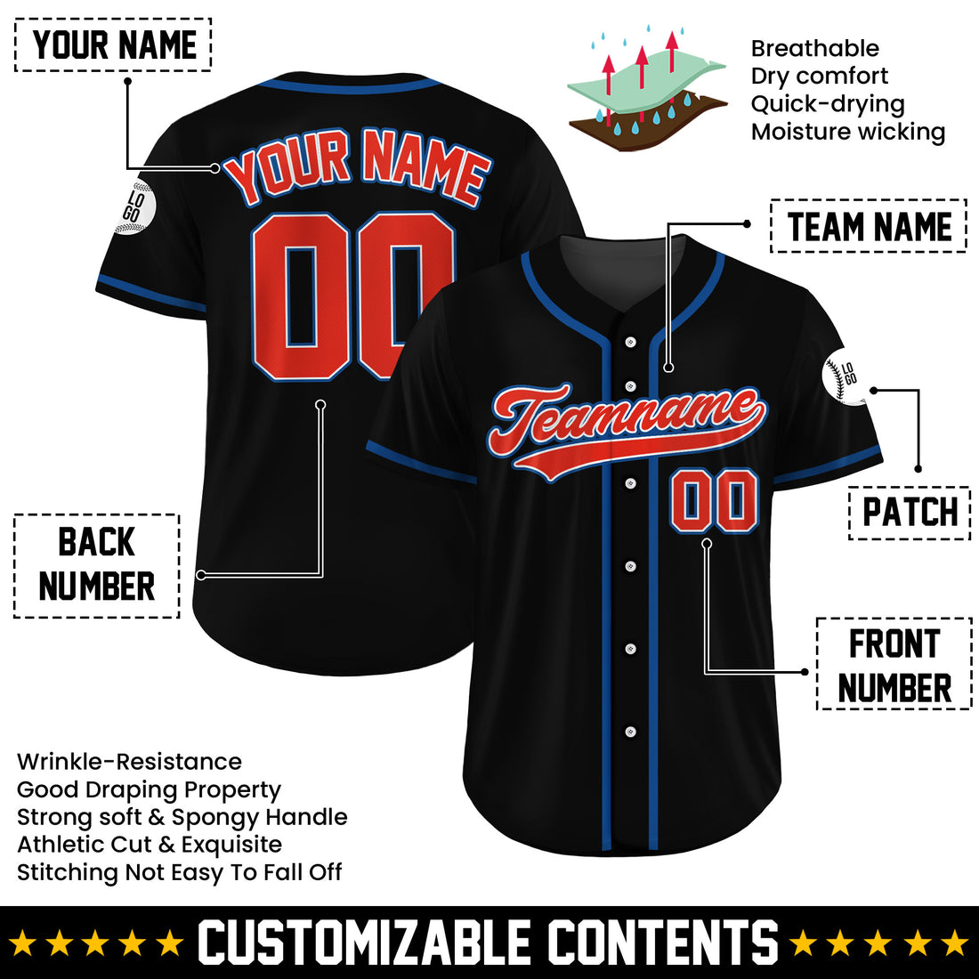 Custom Patriot Blaze Black Baseball Jersey