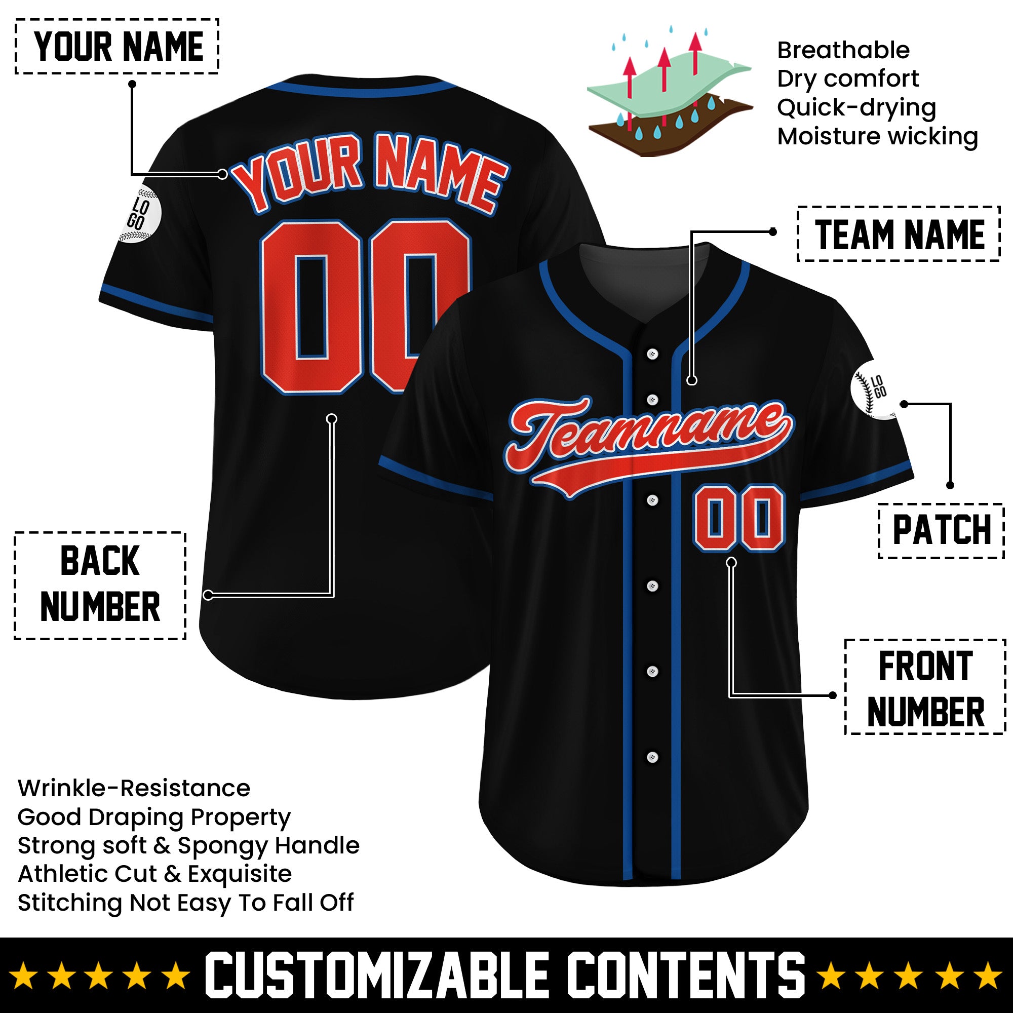 Custom Patriot Blaze Black Baseball Jersey