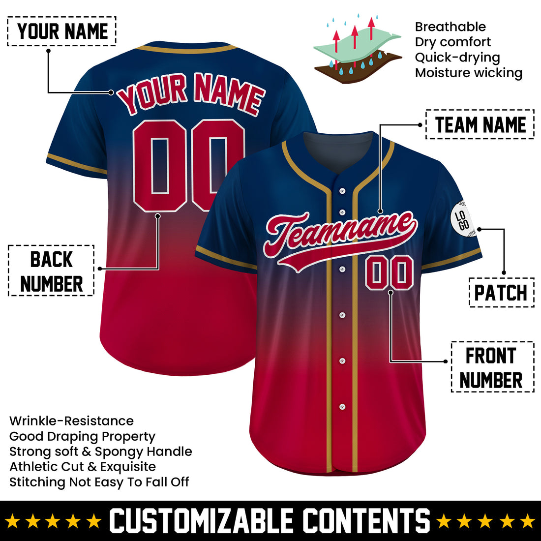 Custom Patriot Glory Fade Gradient Baseball Jersey
