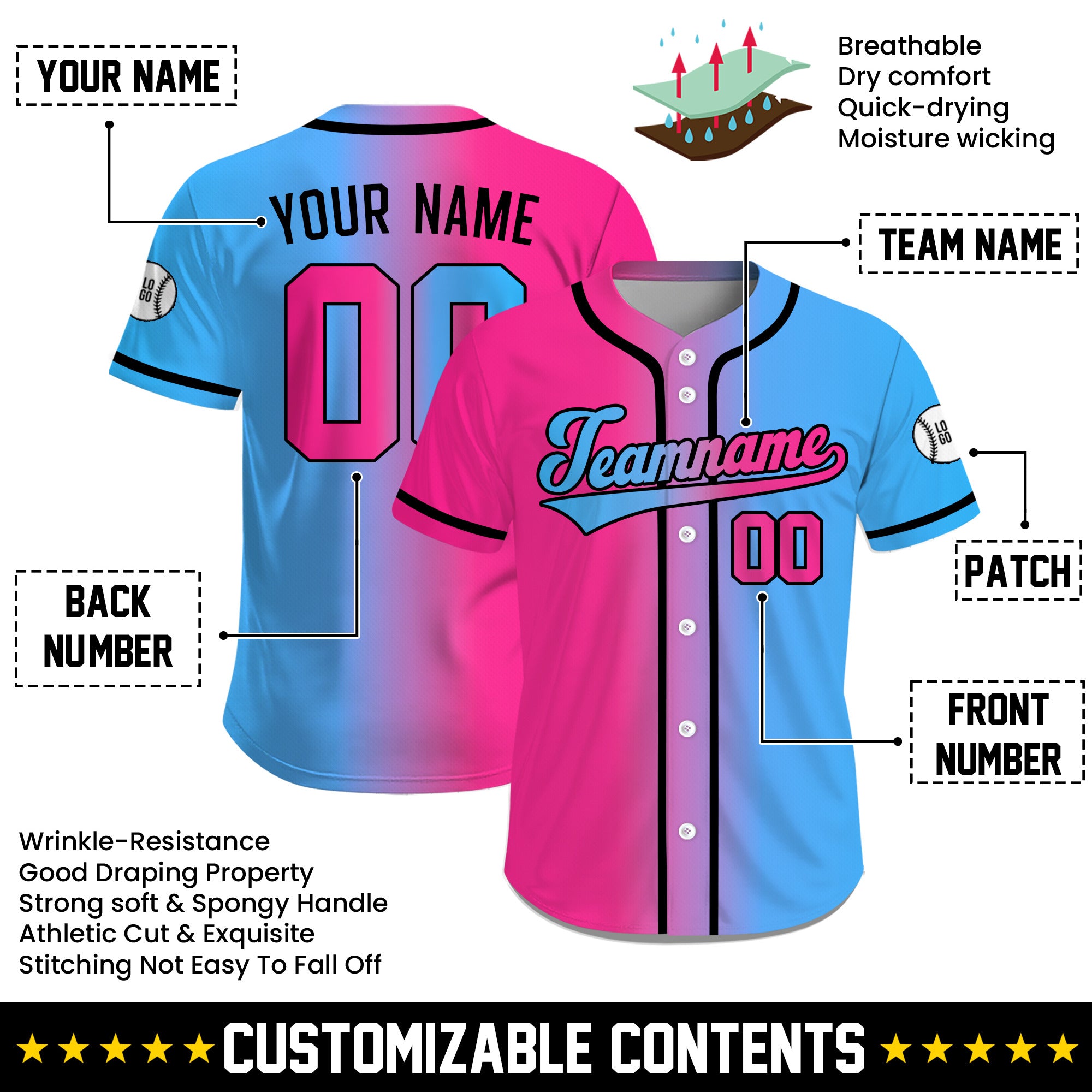Custom Pink Blue Gradient Sports Baseball Jersey