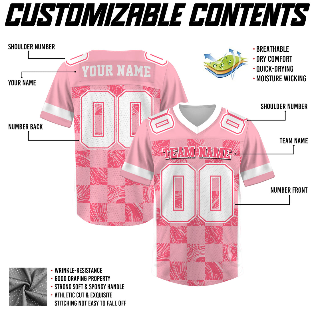 Custom Pink White Chess Pattern Football Jersey, Custom Football Jerseys Cheap for Fan
