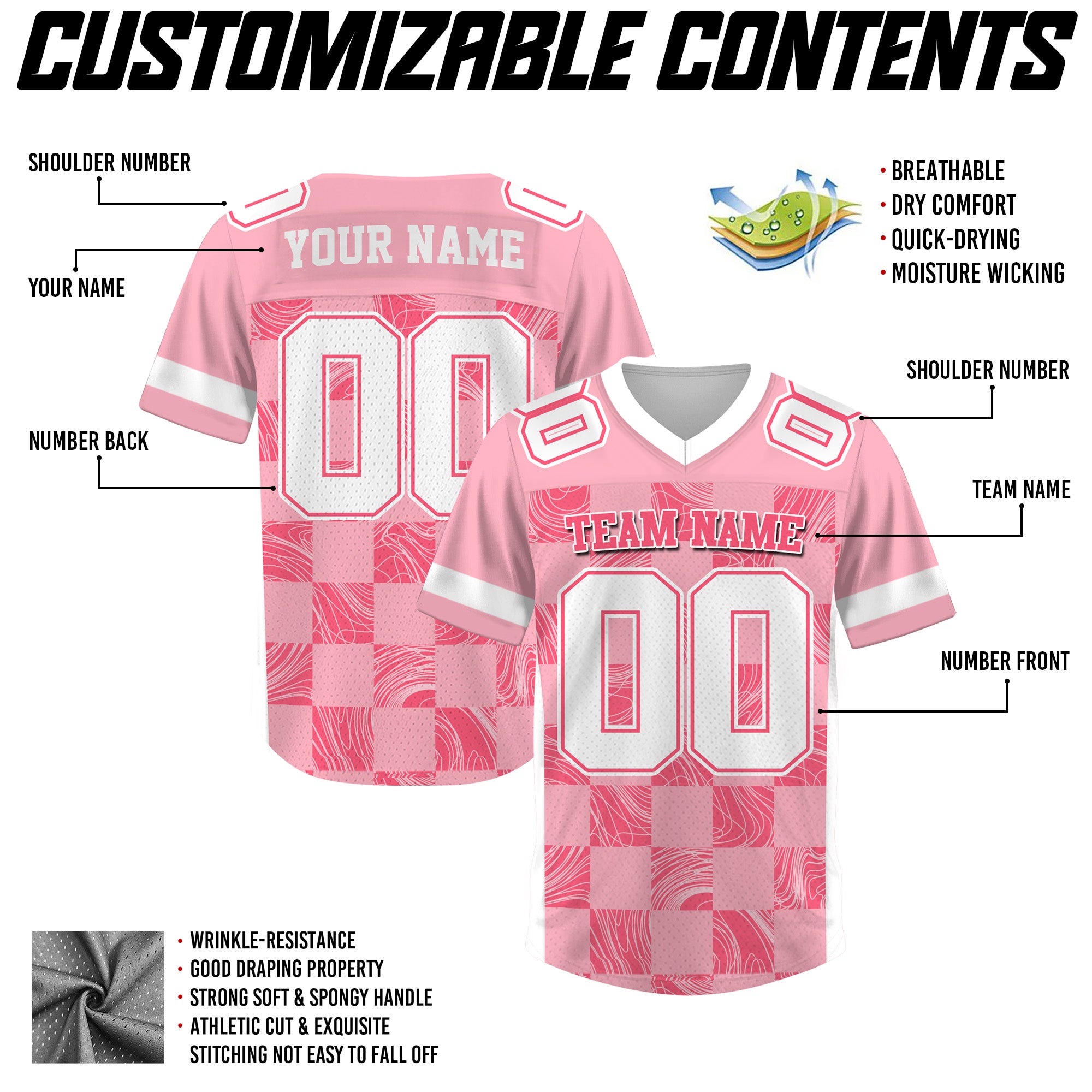 Custom Pink White Chess Pattern Football Jersey, Custom Football Jerseys Cheap for Fan