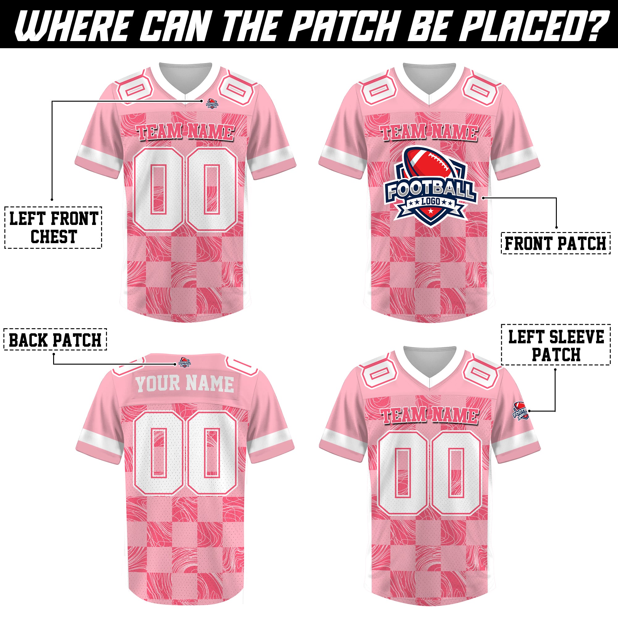 Custom Pink White Chess Pattern Football Jersey, Custom Football Jerseys Cheap for Fan