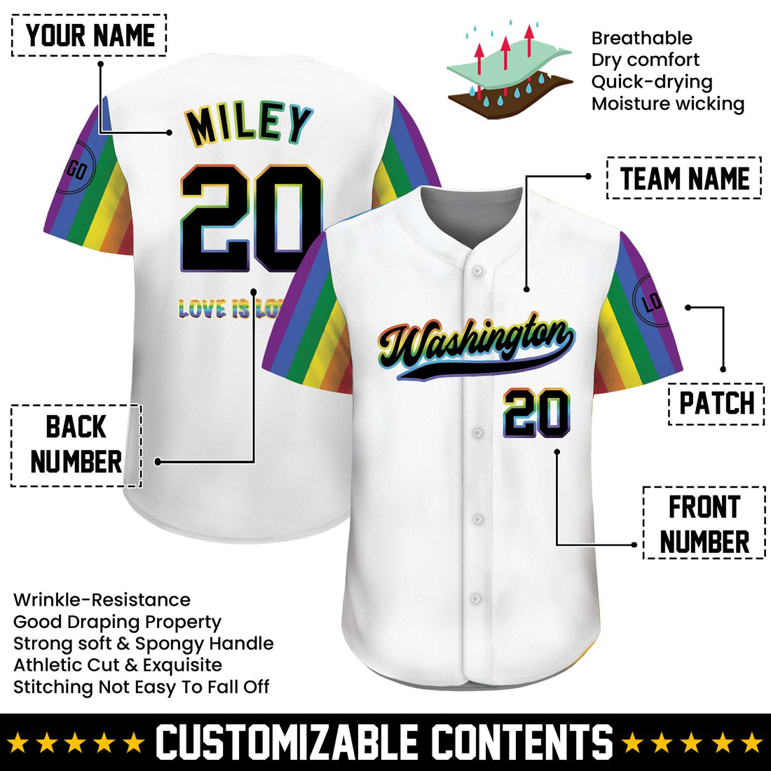 Custom Pride Love Is Love Rainbow White Baseball Jersey