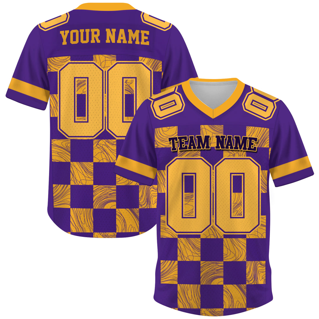 Custom Purple Gold Chess Pattern Football Jersey, Personalized Football Jerseys For Adults