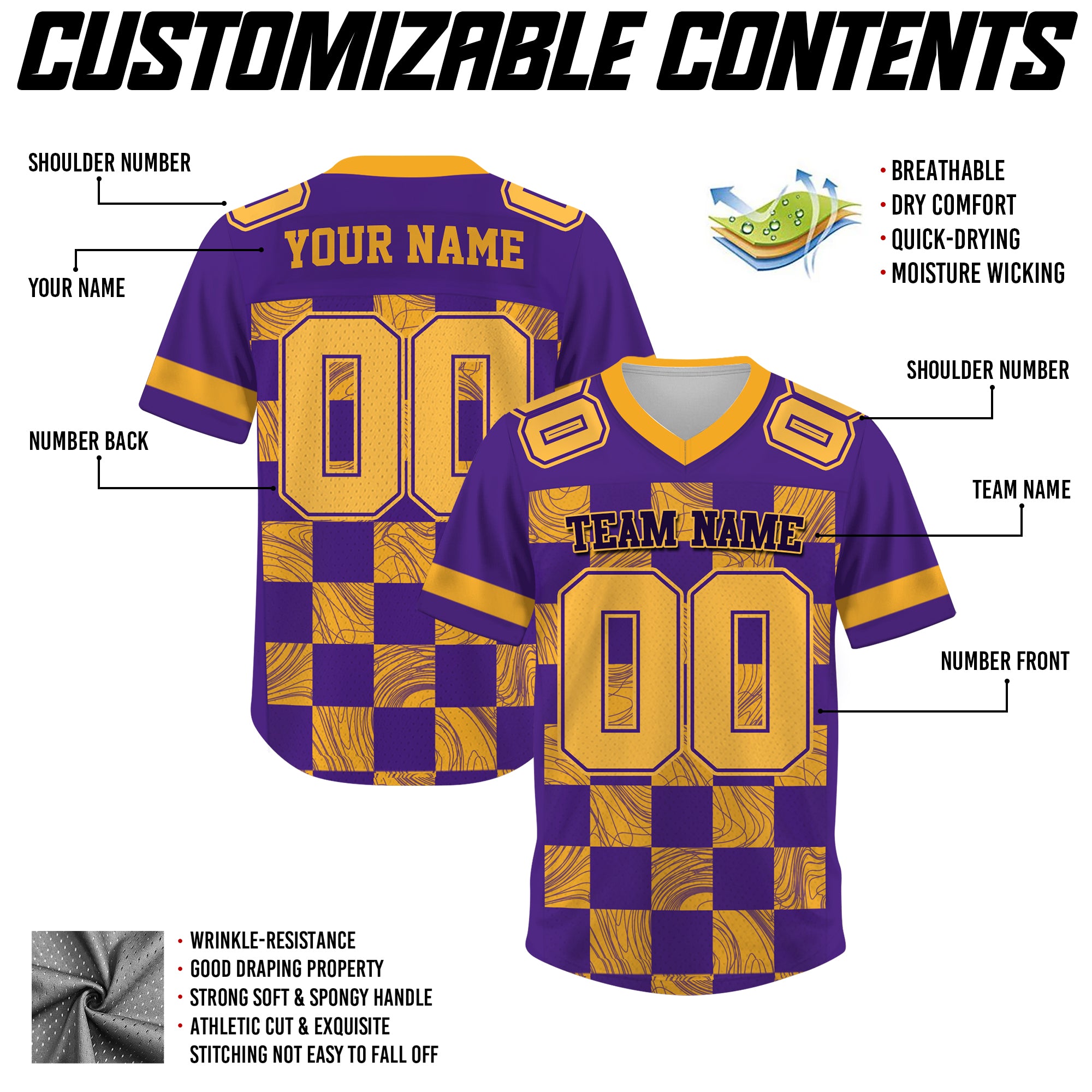 Custom Purple Gold Chess Pattern Football Jersey, Personalized Football Jerseys For Adults