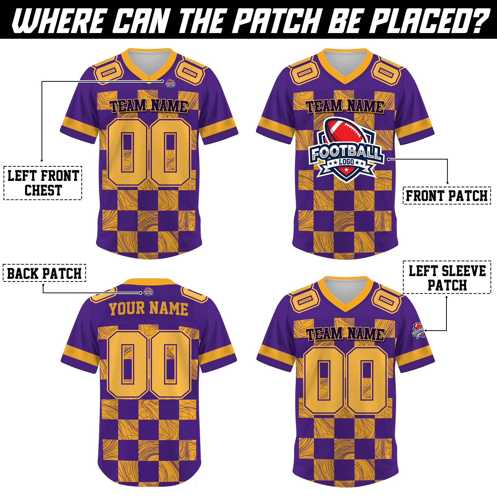 Custom Purple Gold Chess Pattern Football Jersey, Personalized Football Jerseys For Adults