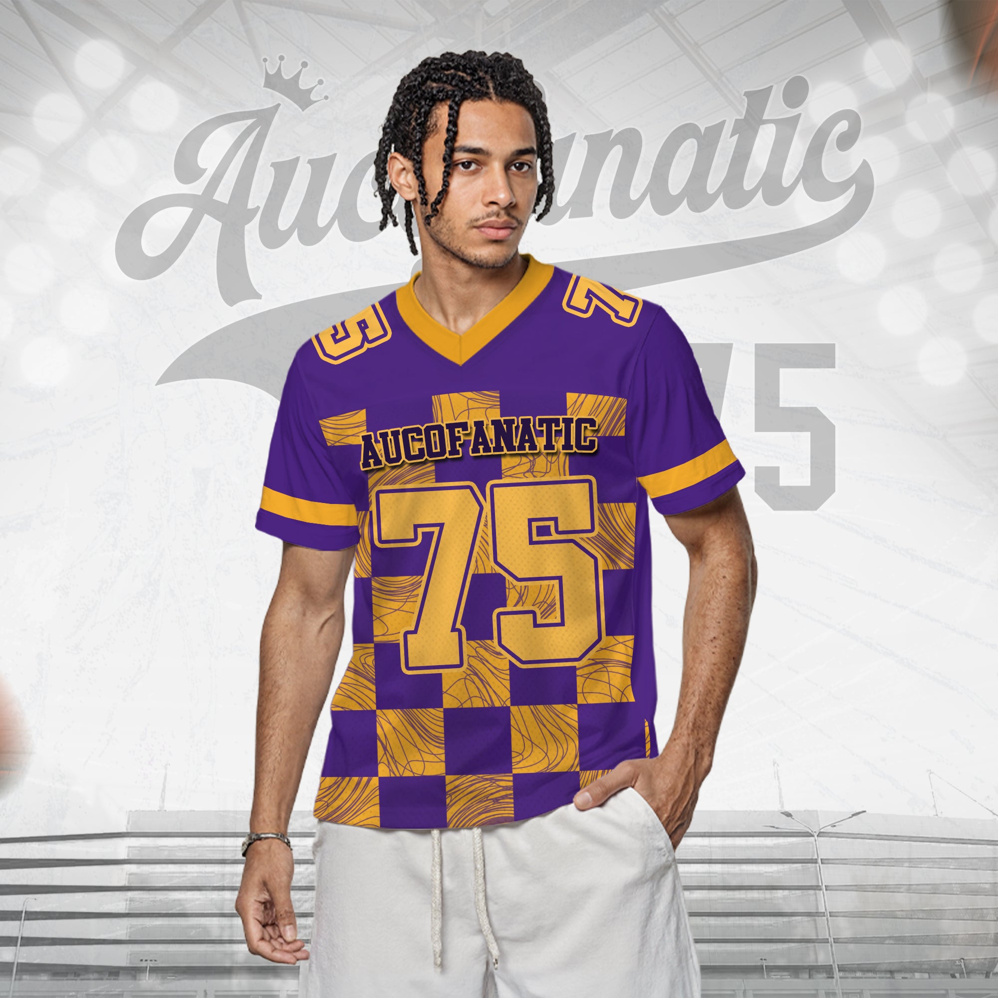 Custom Purple Gold Chess Pattern Football Jersey, Personalized Football Jerseys For Adults