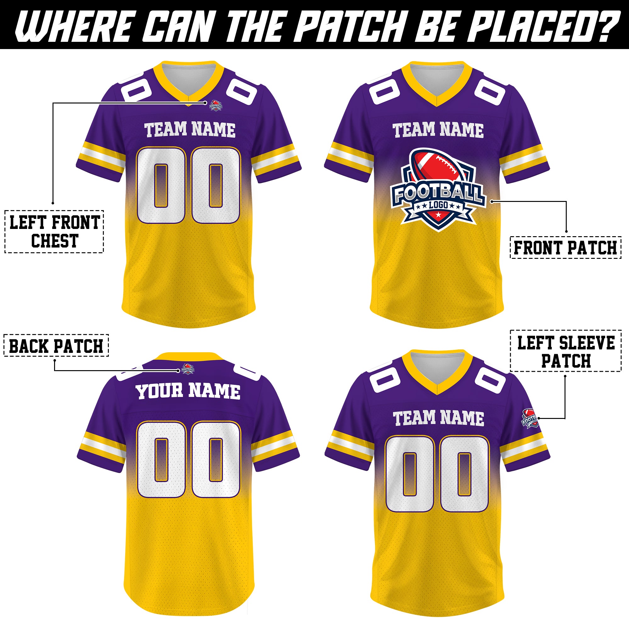 Custom Purple Gold Gradient Football Jersey, Personalized Team Name Number Football Jersey for Men Women Youth