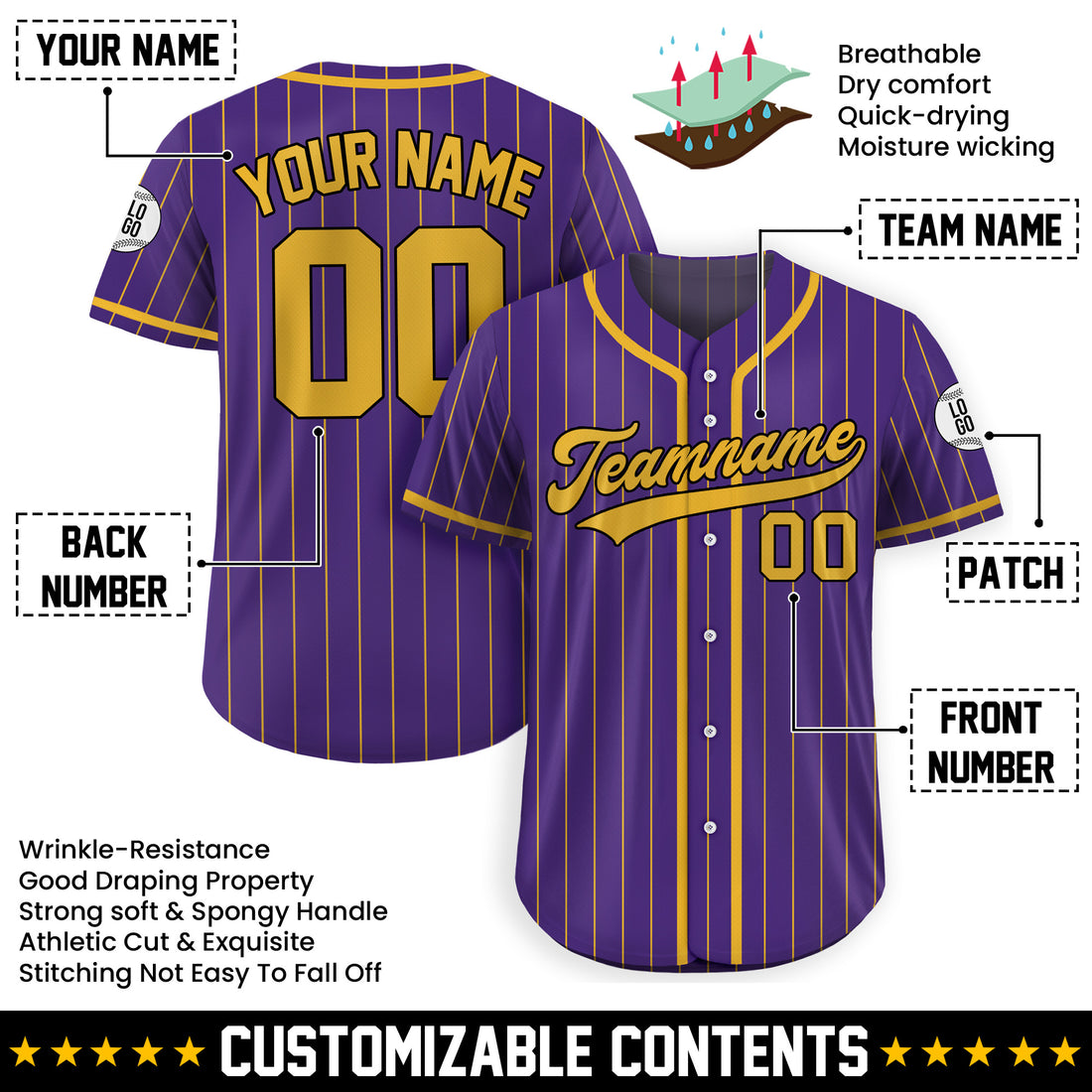 Custom Purple and Gold Pinstripe Baseball Jersey