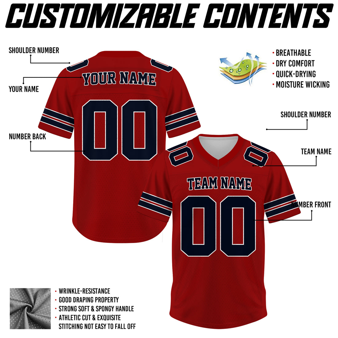 Custom Red Black Football Jersey, Custom Jersey Gift for Men Women Kid