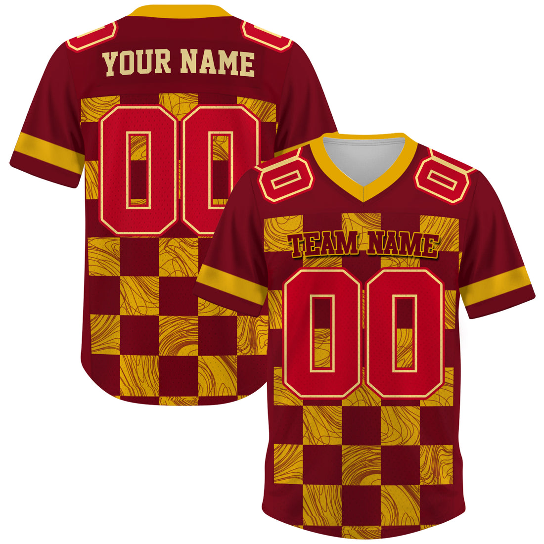 Custom Red Gold Chess Pattern Football Jersey, Game Day Outfit For American Football Fan