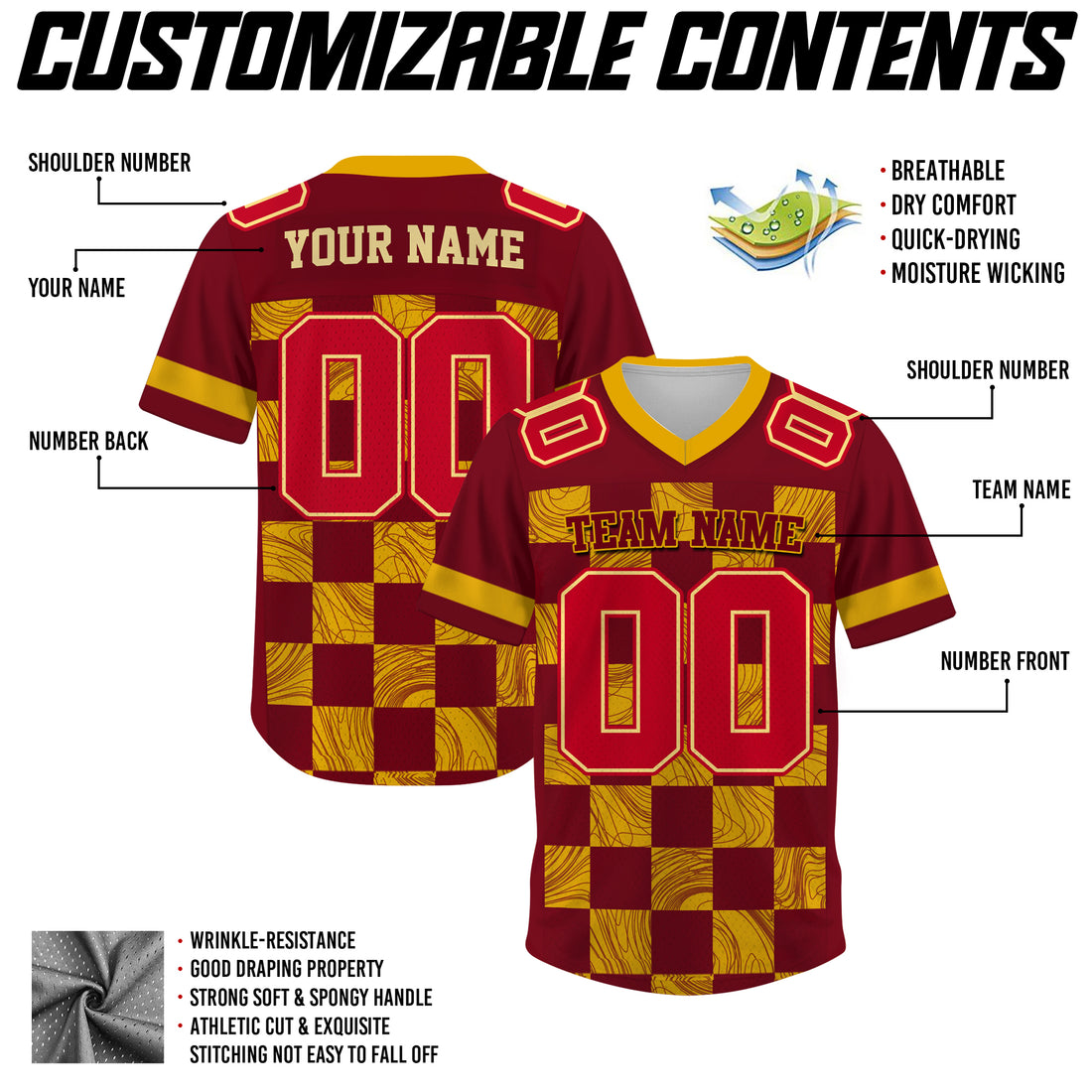 Custom Red Gold Chess Pattern Football Jersey, Game Day Outfit For American Football Fan